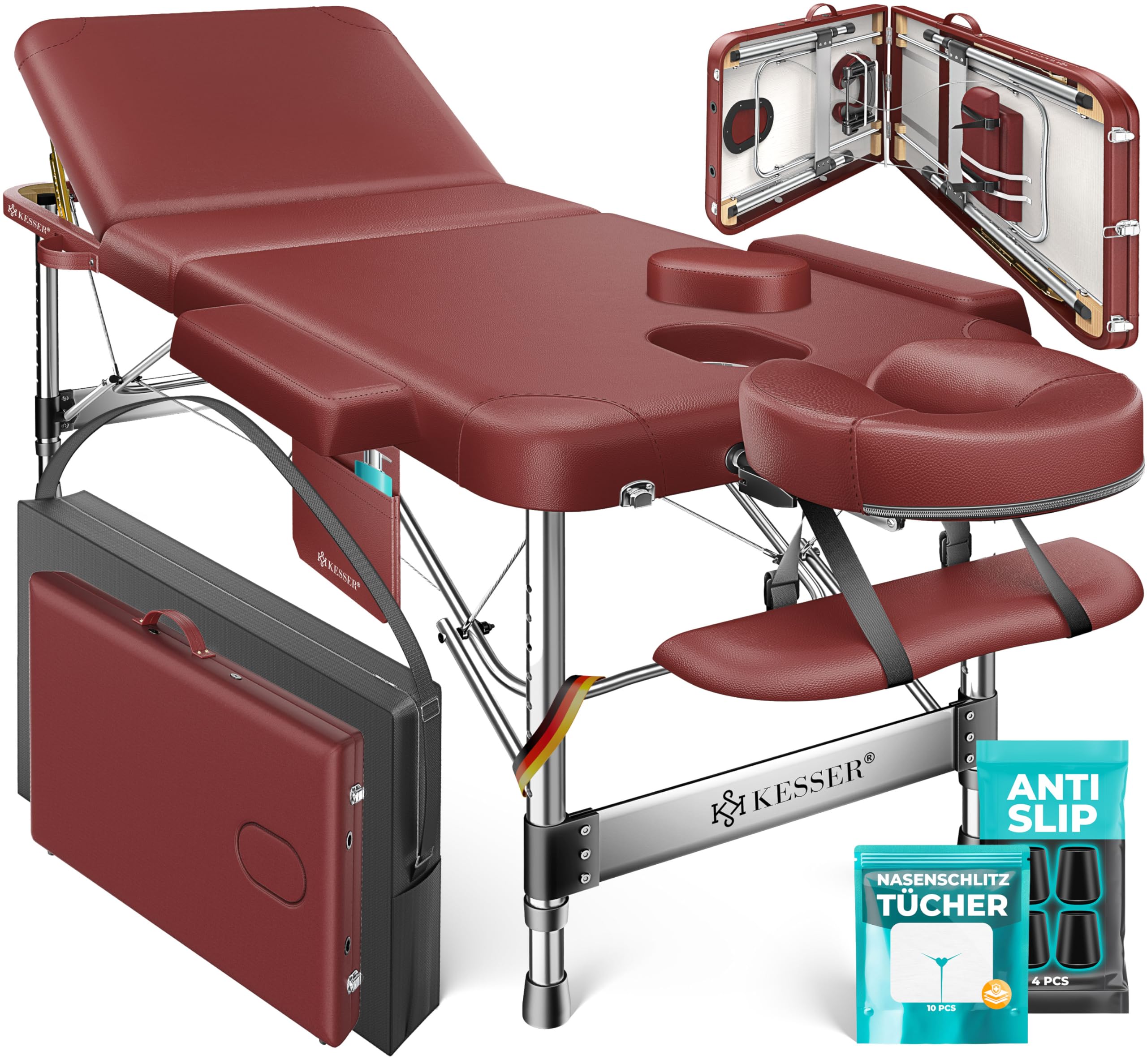 KESSER® Massageliege 3 Zonen bis 250kg, Massagetisch klappbar, verstellbar, tragbarer Koffer, Kosmetikliege, Therapieliege, Zubehör, Alu-Kopfstütze, Armlehne, Tragetasche, Anti Rutsch, 60cm, Bordeaux