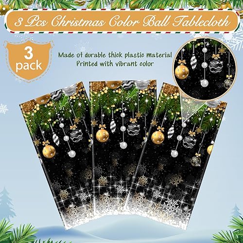 Miniatura 4 de Mantel de plástico con diseño de árbol de Navidad, 3 piezas, mantel rectangular de invierno con copos de nieve para Navidad, vacaciones, Año Nuevo,