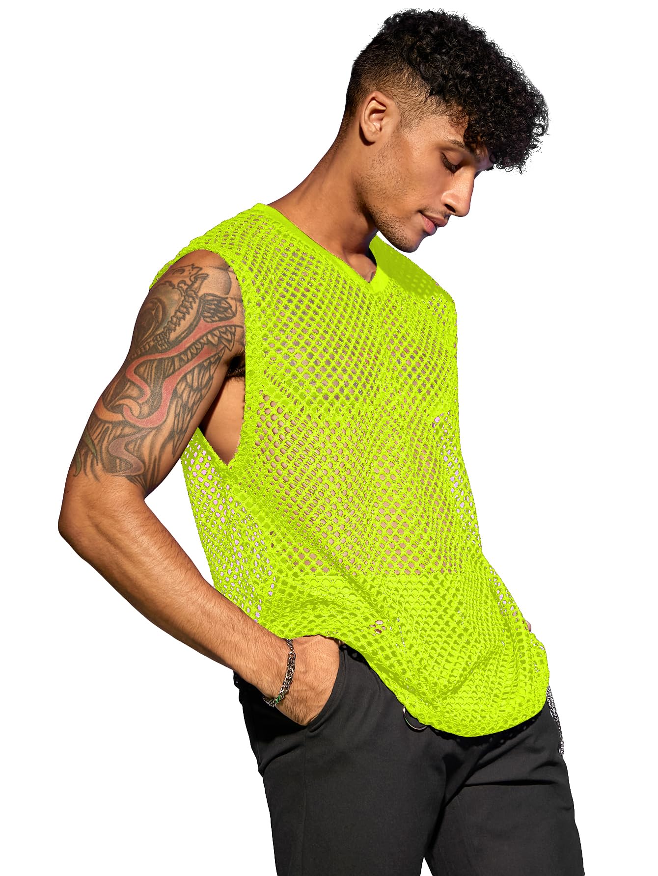 WDIRARA Men's Sheer Mesh Sleeveless V Neck Tank Top T Shirt Party Top
