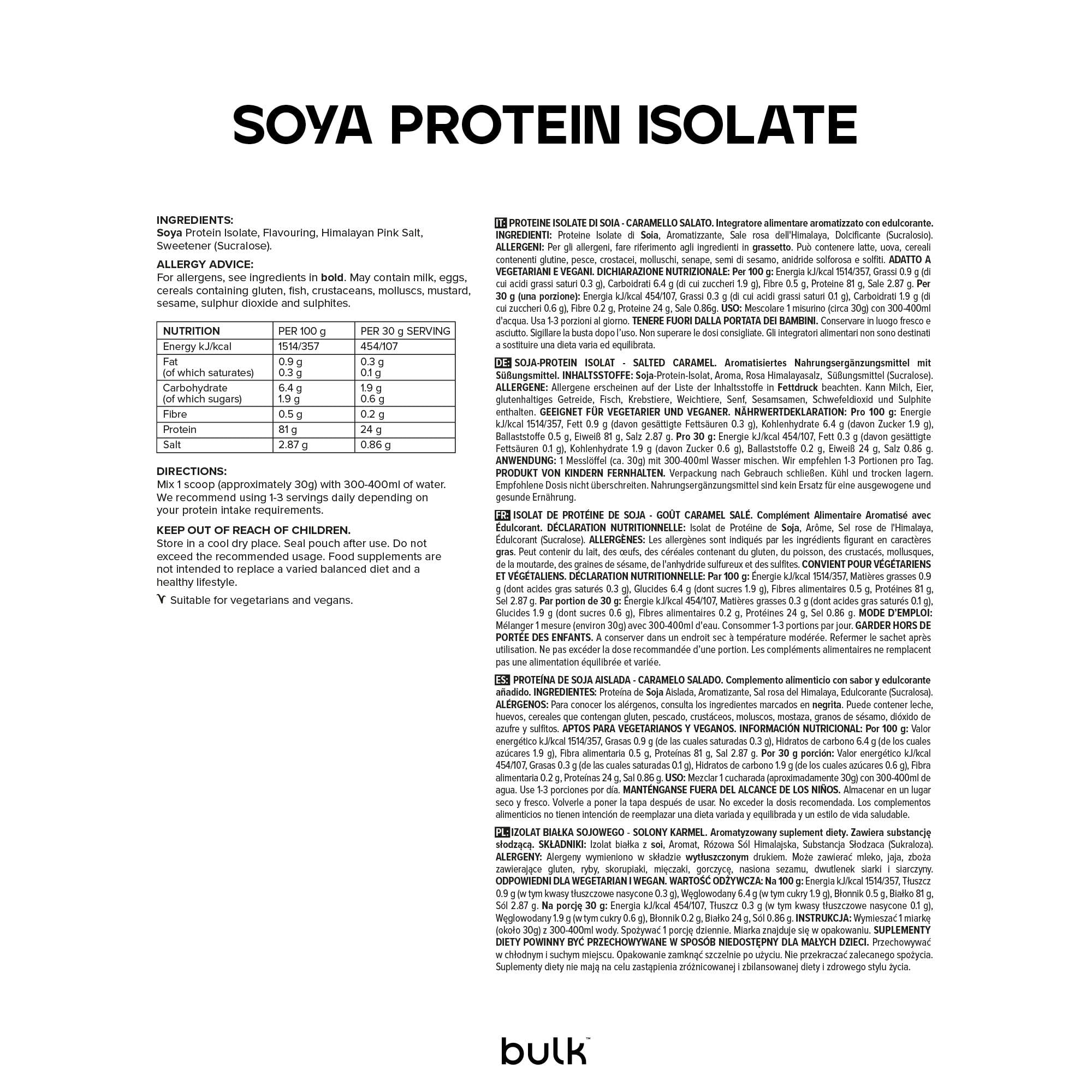 Bulk Soja-Protein Isolat 90, Veganes Eiweißpulver, Salted Caramel, 2,5 kg