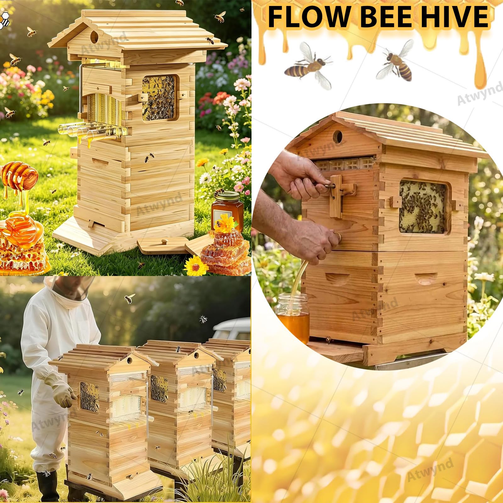 Zestaw startowy Self-Flow Hive, drewniany ul, kompletna ramka z okienkiem obserwacyjnym i wylewką miodu, domek dla pszczół ciesielskich, dla zapylaczy ogrodowych