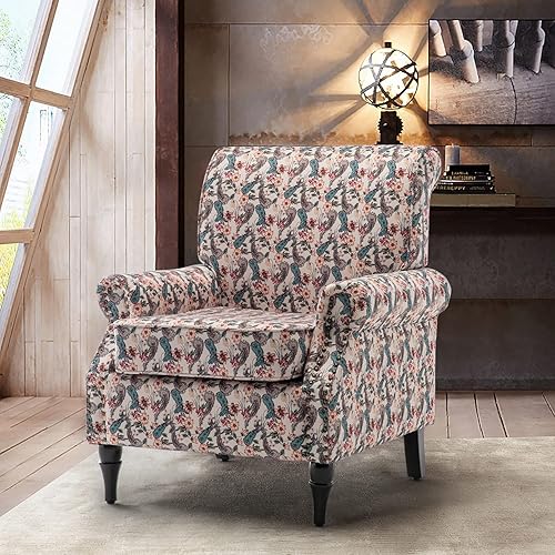 LEVNARY Silla decorativa moderna, silla con respaldo de alas con ribete de cabeza de clavo, cómodo sillón de lectura tapizado capitonado con patas