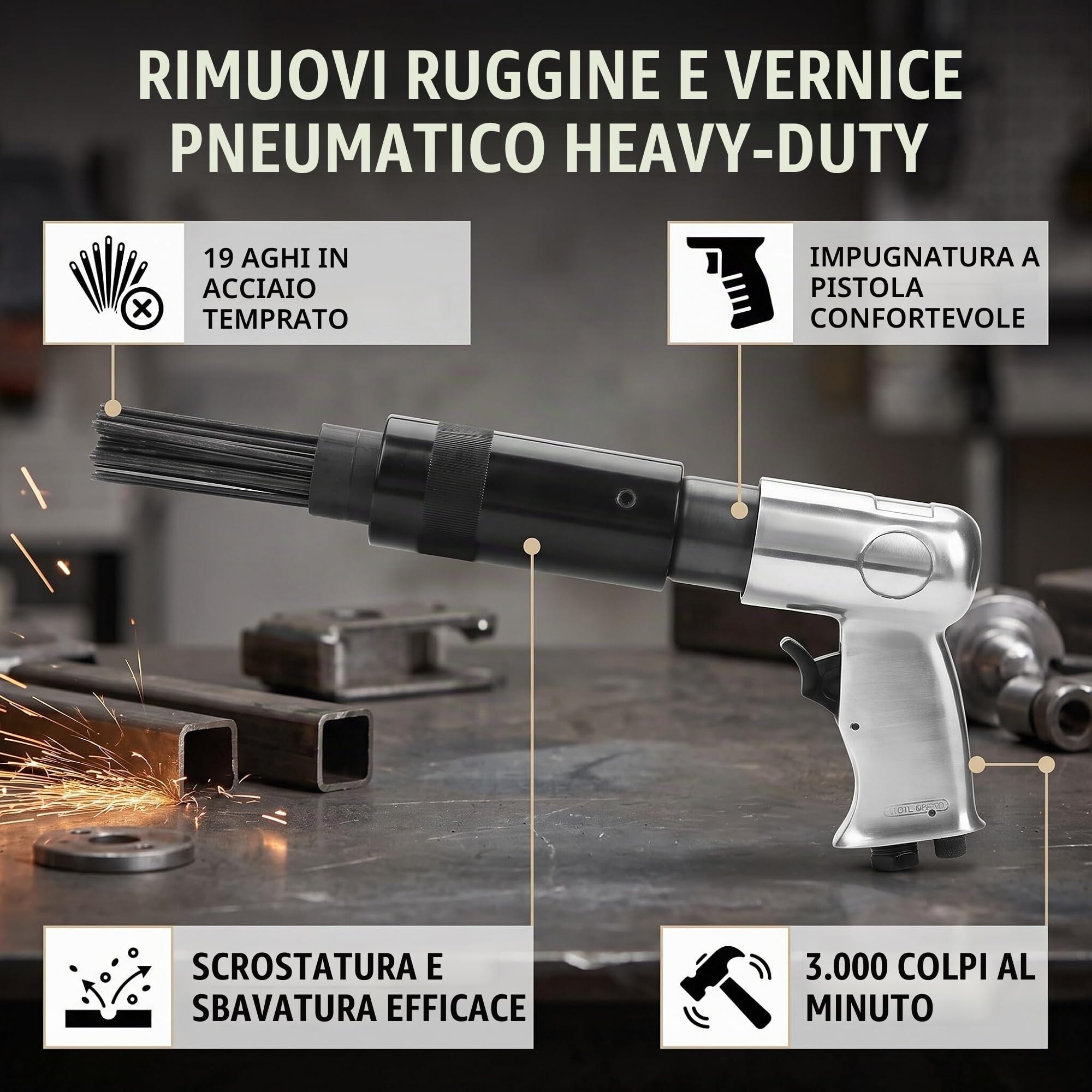 Scrostatore ad aghi ad aria compressa, 3000 giri/min Pistola per aghi ad aria compressa minuto Pistola pneumatica antiruggine per la rimozione della ruggine