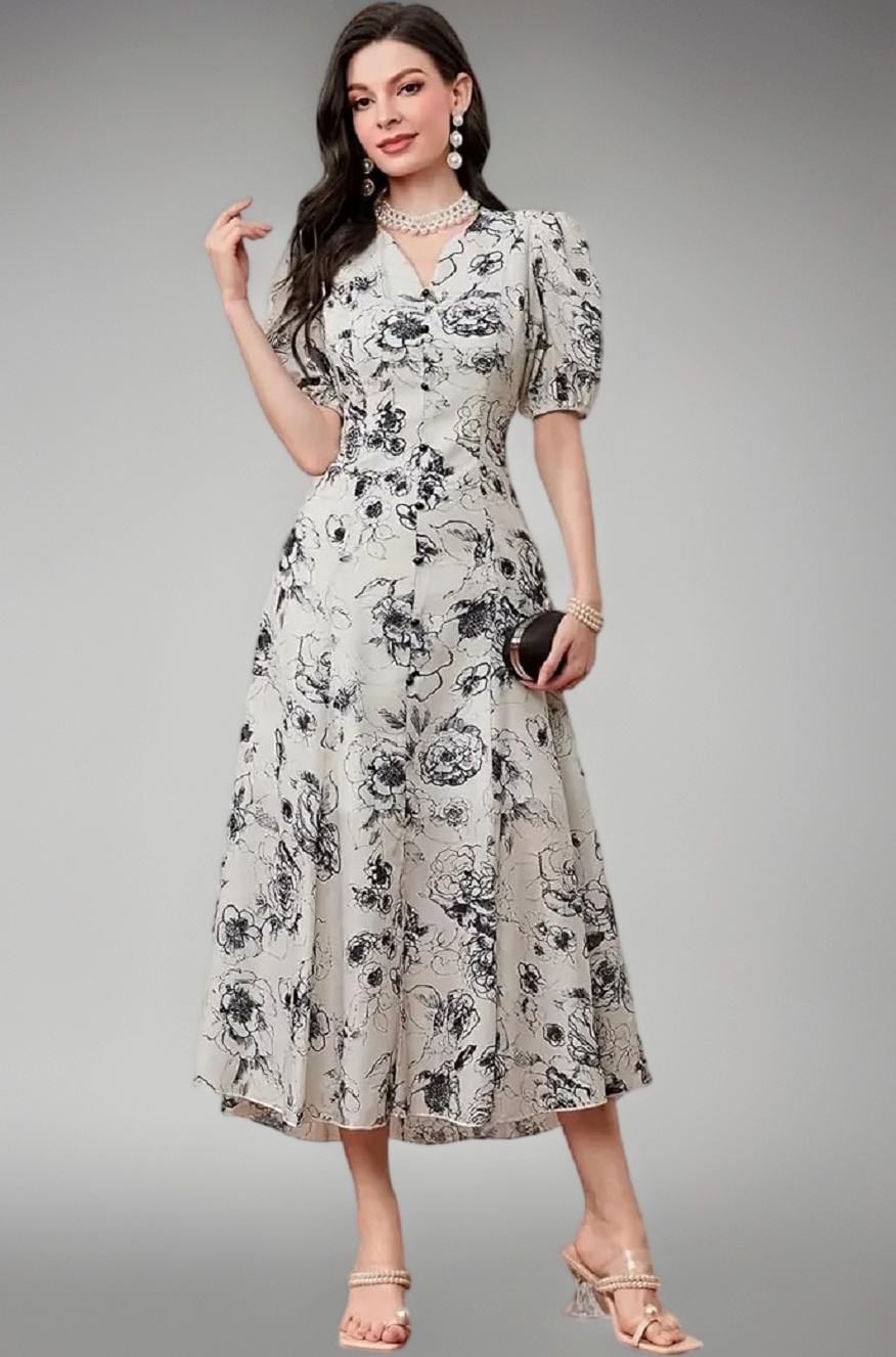 Women's Rayon Fit and Flare Printed Cap Sleeve V-Neck Casual Maxi Dress(MX-01)