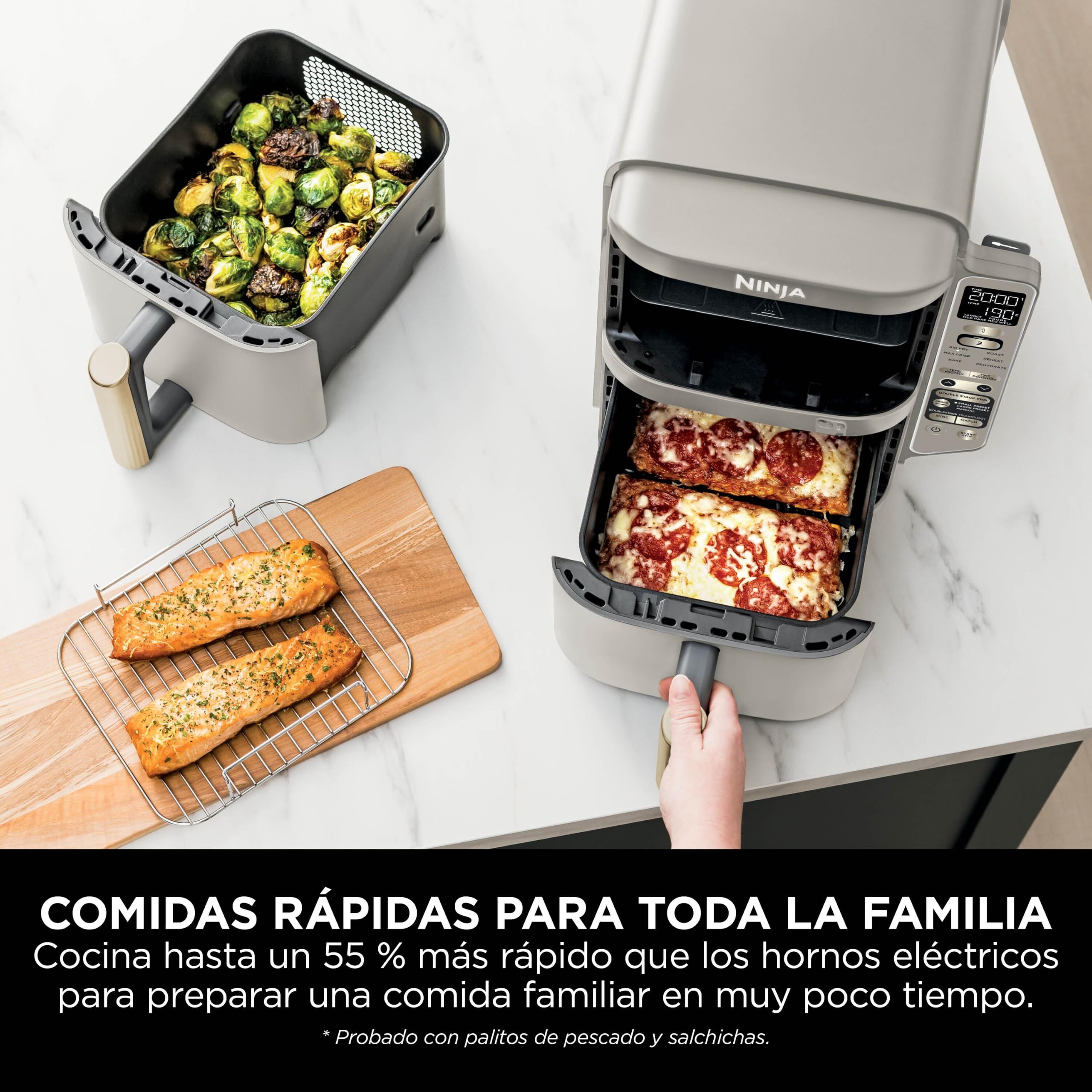 Ninja Double Stack XL, Freidora de Aire, 9,5L, Piedra Dorada, SL451EUSD | Freidora de Aire Vertical de Doble Cajón, 4 Niveles de Cocción, 2 Rejillas, con Sensor Digital de Cocción
