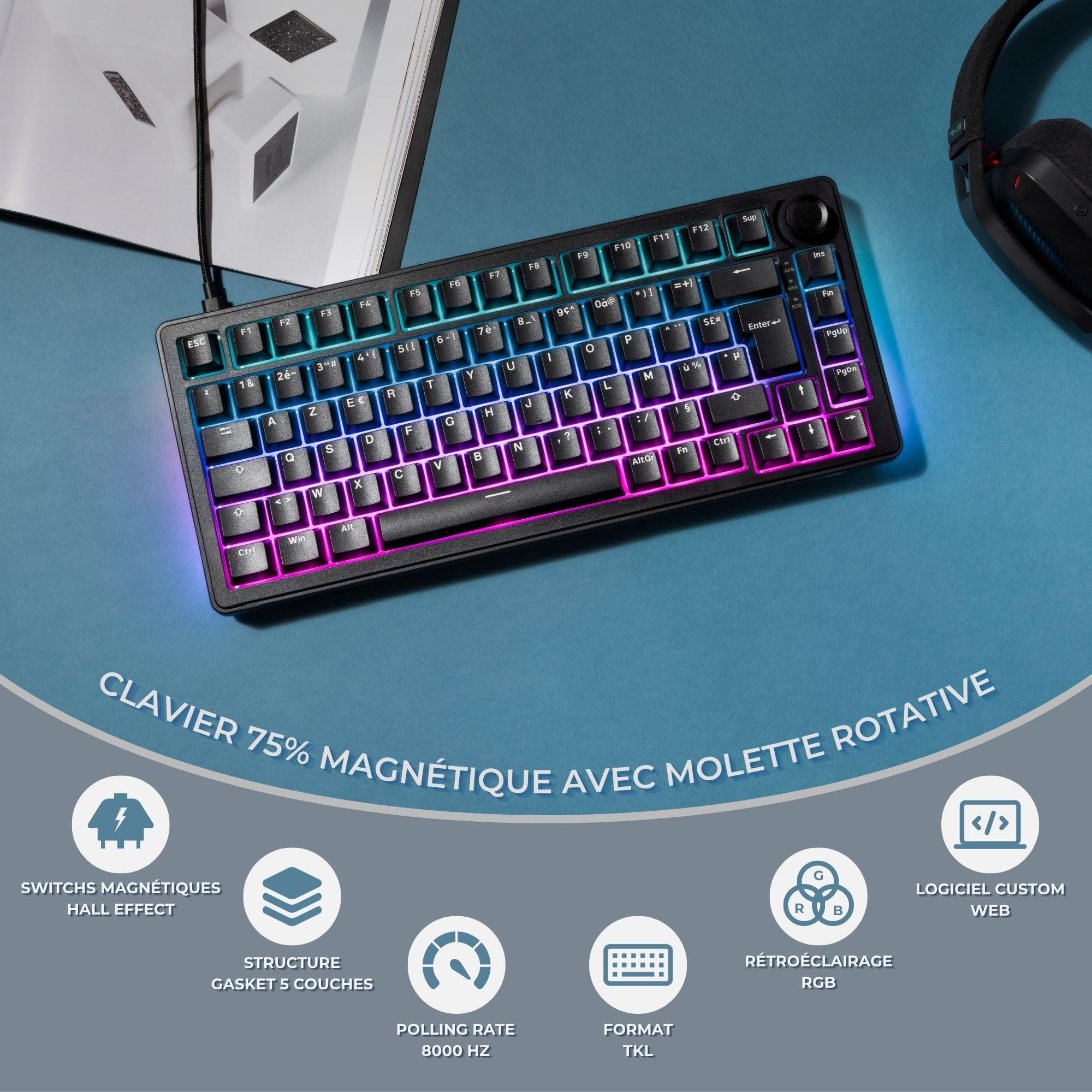 The G-Lab - KEYZ Elite 300 HE Black- Clavier Gamer Magnétique Hall Effect 75% USB AZERTY, 8000 Hz Rapid Trigger, Activation Réglable 0,01 mm, PBT- Hot Swap, RGB & Macros Custom - Windows/Mac