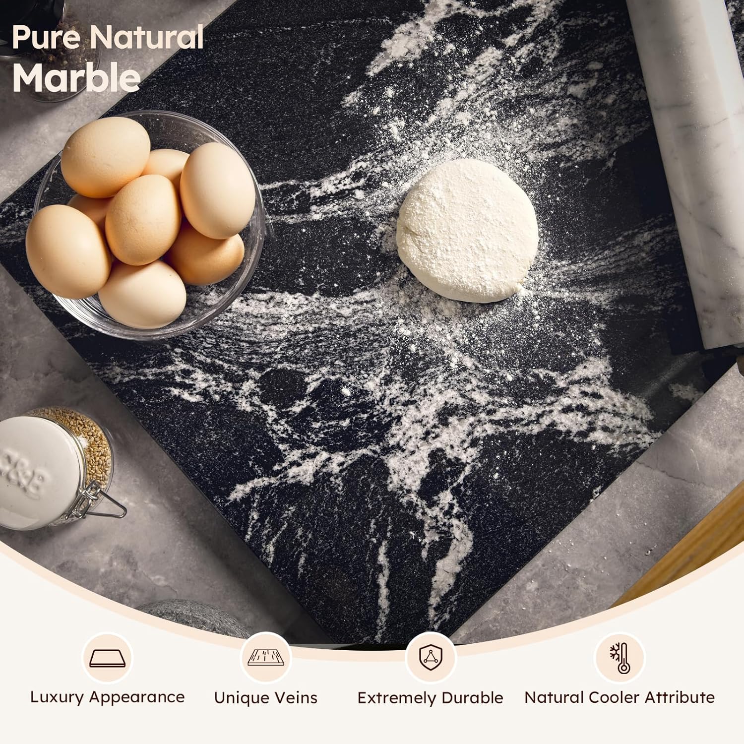 diflart natural marble stone cutting board for kitchen, 16x20 inch, black, marble slab pastry board large with non-slip feet for cheese, charcuterie, dough chocolate, pack of 1 piece 20"l x 16"w black with white veins