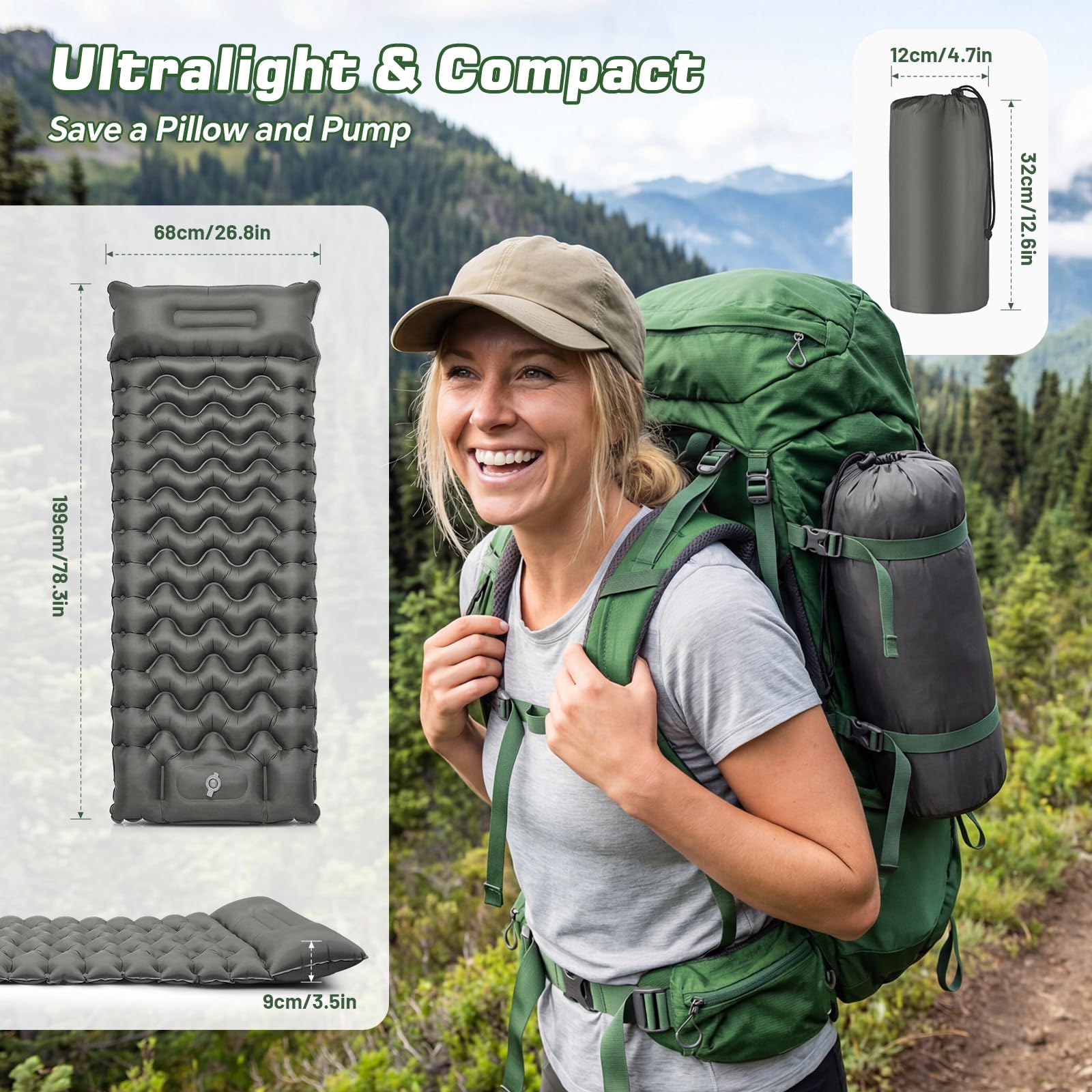 PHYSEN Materassino da campeggio autogonfiabile con cinghie a 360° - impermeabile con pompa a pedale per attività all'aperto, spiaggia, auto e camper - Gonfiabile rapidamente e fissabile