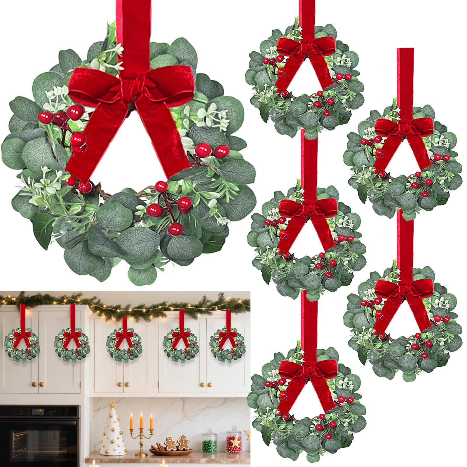6 Pack 12 Inch Mini Christmas Wreath Small Christmas Kitchen Cabinet Wreaths with Red Bow Eucalyptus Leaves Flowering Boxwood Branches Red Berry Xmas Wreaths for Windows Door Wall Stairs Home Decor