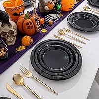 Vista 8 de WELLIFE Black Plastic Plates 9 Inch -150 Count for Party, Plastic Disposable Dinner Plates for Halloween Picnic BBQ