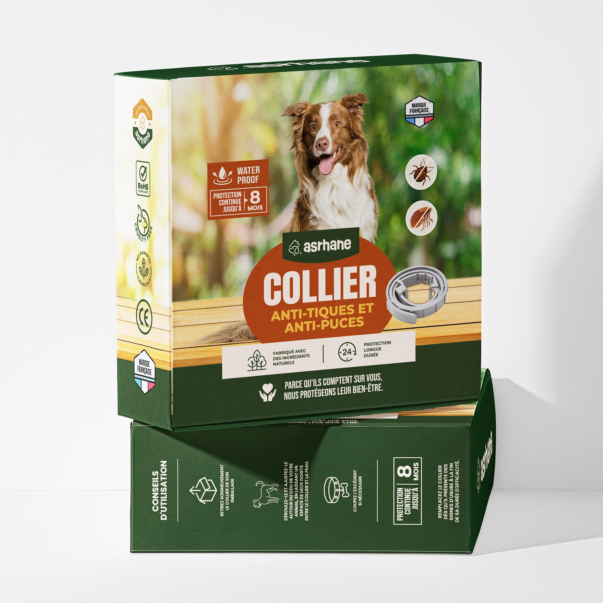 Collier Anti-Puces Chien Naturel ASRHANE Protection 8 Mois Imperméable et Réglable