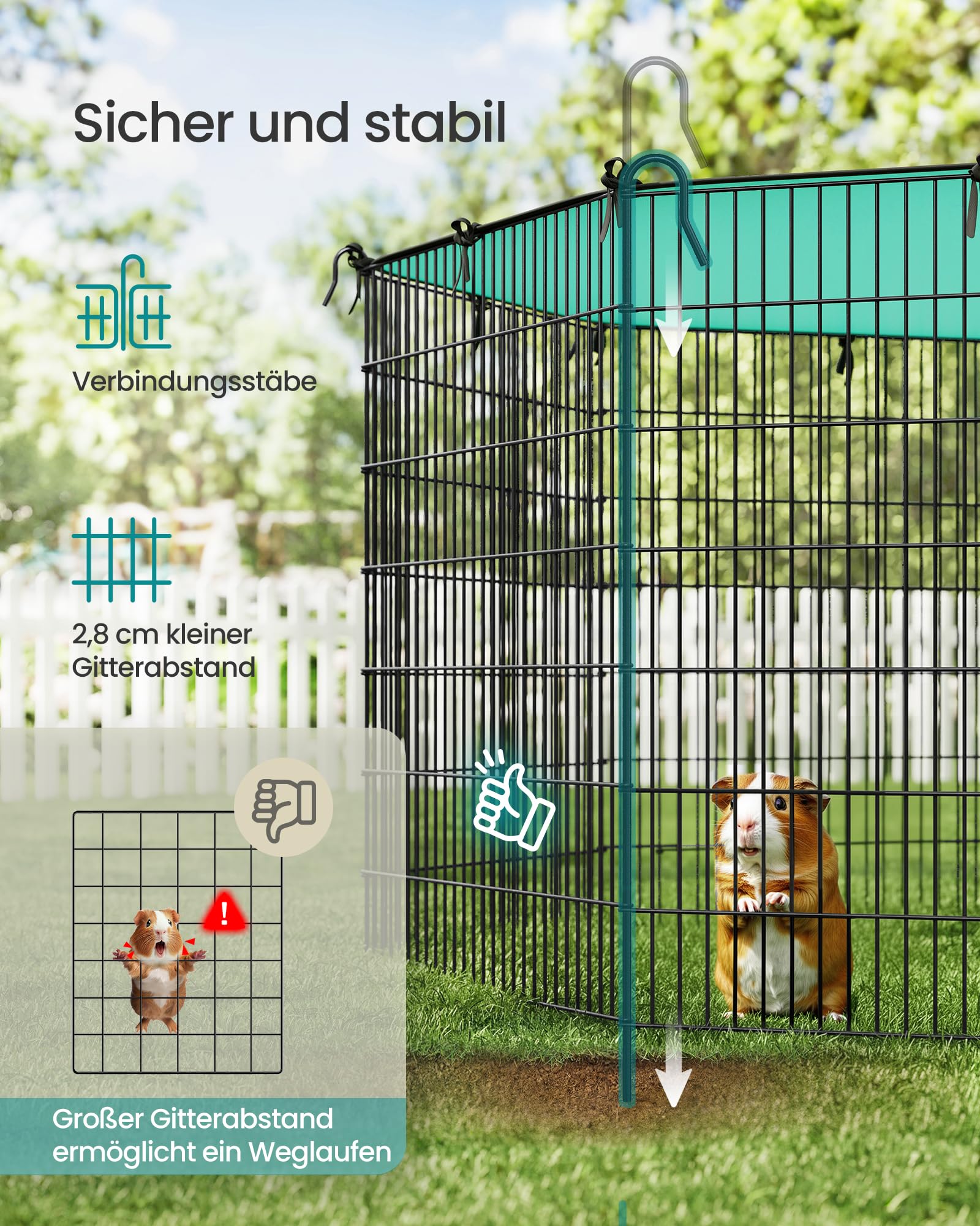SONGMICS Kleintiergehege, Freilaufgehege mit Abdeckung, Gehege, atmungsaktiv, Sonnenschutz, für Kaninchen, Meerschweinchen, 8 Gitterplatten, 175 x 175 x 80 cm, tintenschwarz LPI021BH01