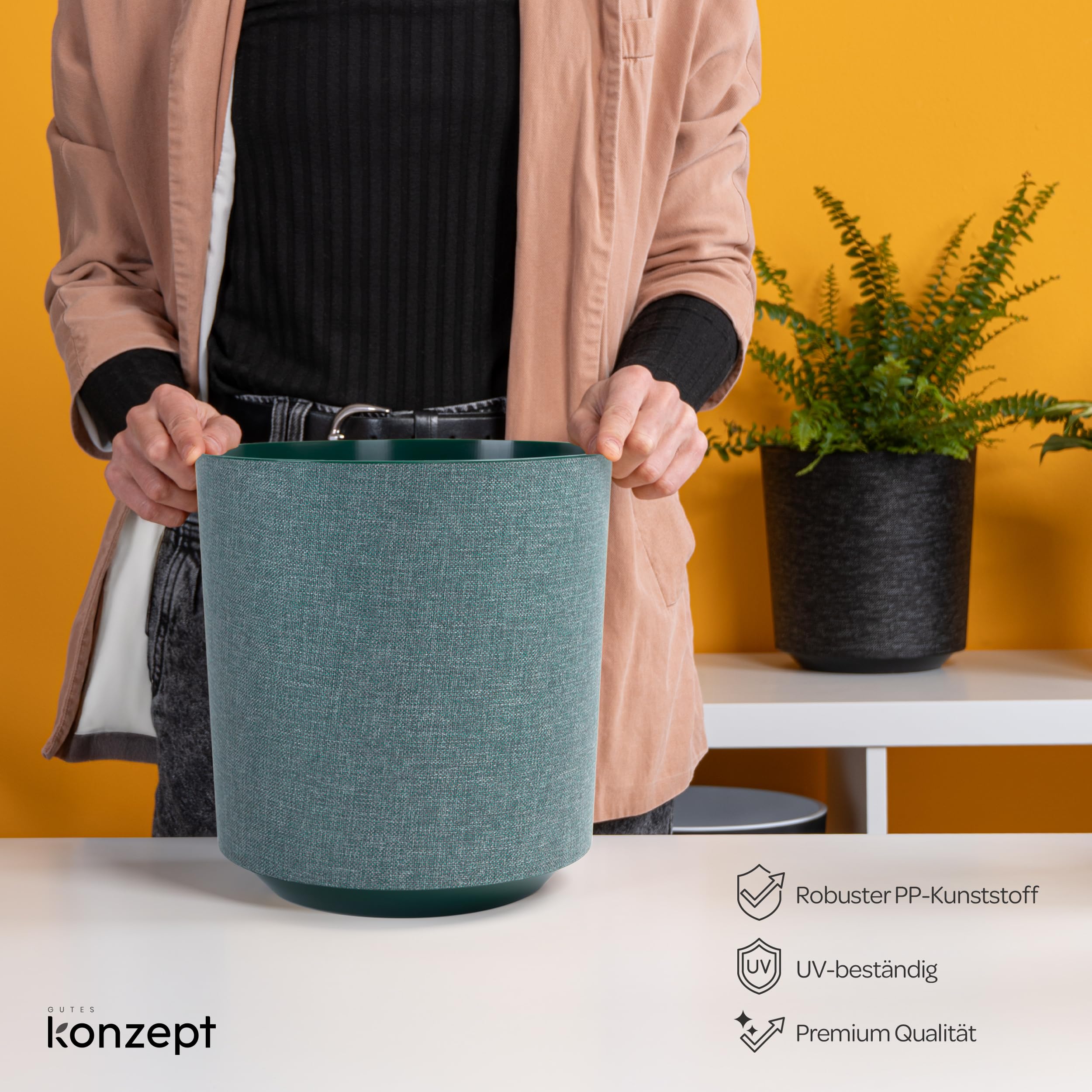 KONZEPT Juego de 2 macetas con aspecto textil, diámetro de 25 cm, macetas grandes para plantas de interior de plástico, color verde