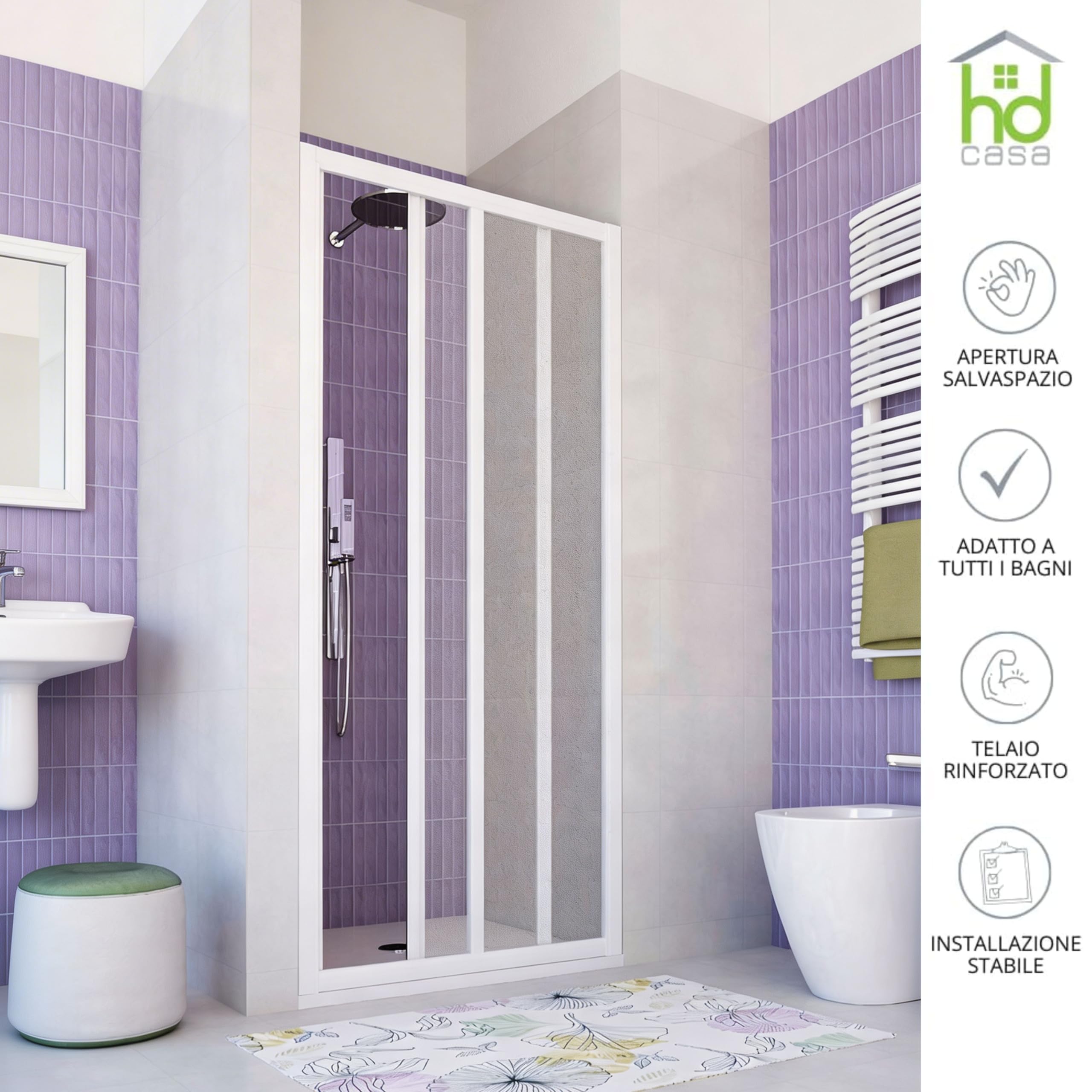 Box Doccia Iris PVC 100x185 cm 1 Lato Apertura Laterale, Pannello Acrilico Semitrasparente Effetto Goccia, Anta Scorrevole con Rotelle in Nylon, Chiusura Magnetica Reversibile