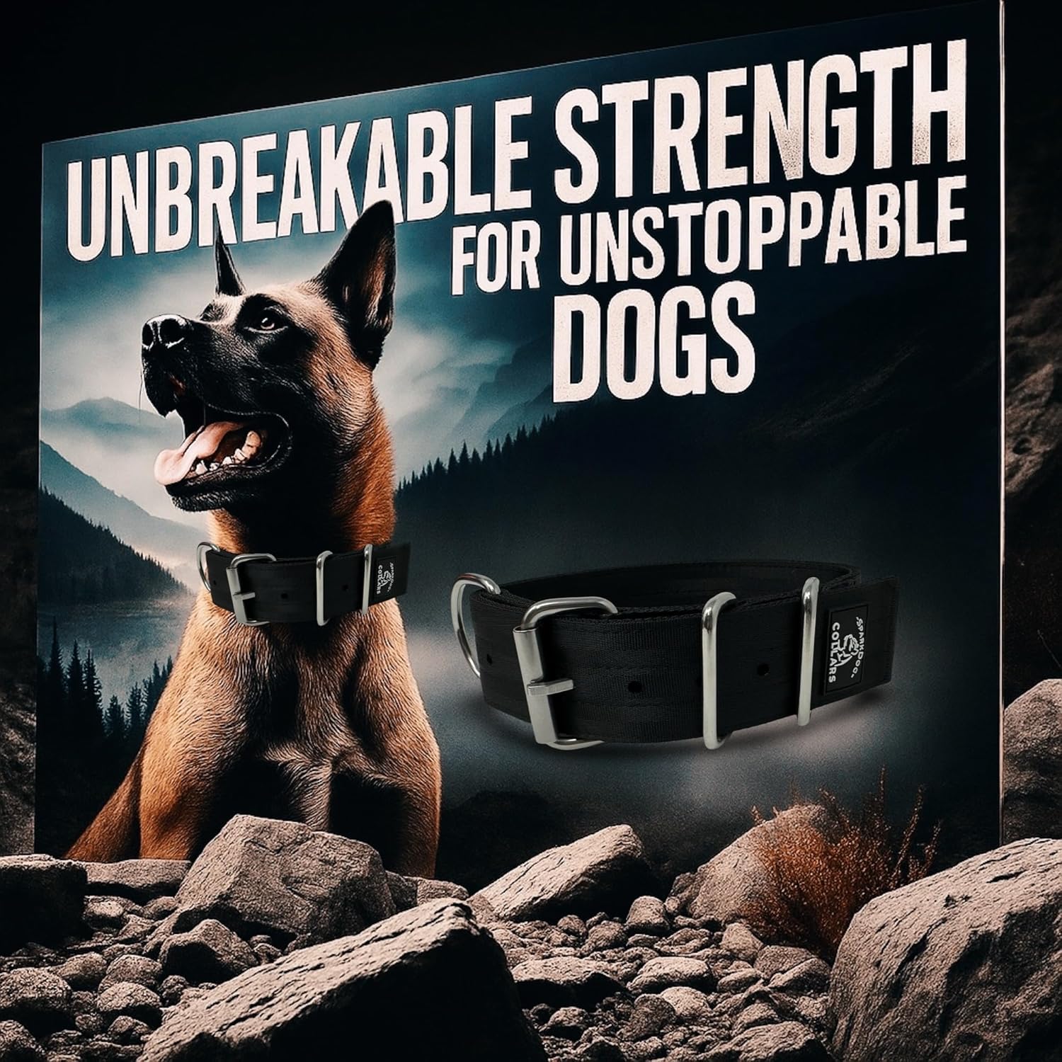 SparkDog 2” Working Dog Collar – Heavy Duty 4-Ply Nylon & Polyester Webbing, Stainless Steel Hardware, Tactical Style for Pitbulls, Medium & Large Dogs (14-20" (Black, 2" Width)