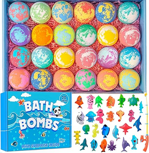 Bombas de baño para niños con juegos de pesca sorpresa en el interior para niñas y niños, juego de regalo de 20 bombas de baño para niños, bomba de