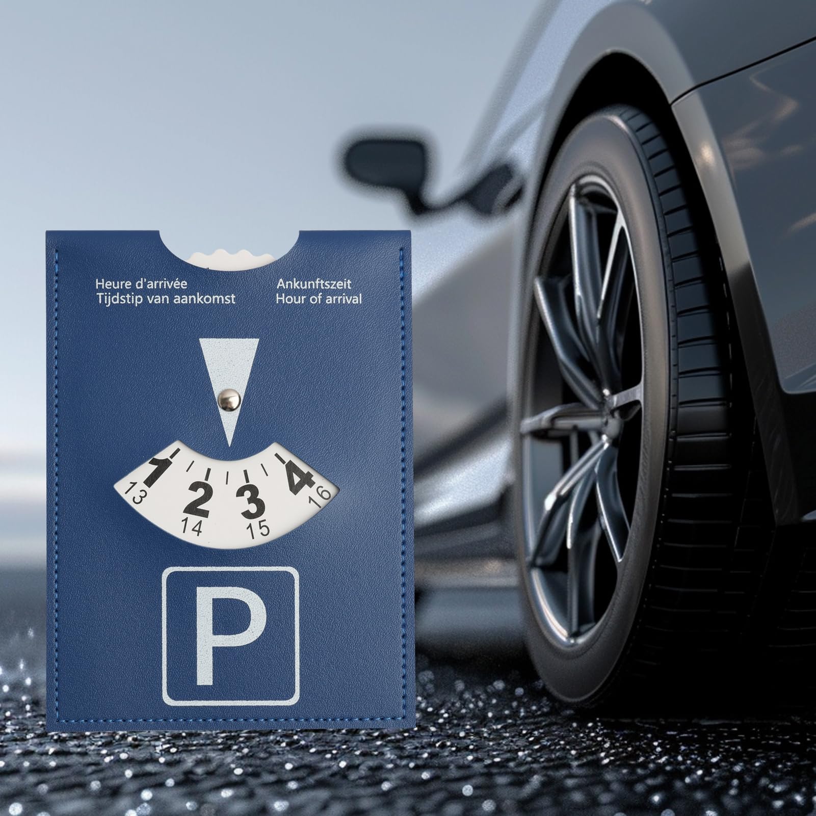 Disco Horario de Lujo Grande para Estacionamiento, Modelo Europeo Multilingüe, en Cuero Sintético Suave al Tacto, 11x15cm, para Coche, Moto y Autocaravana，Azul