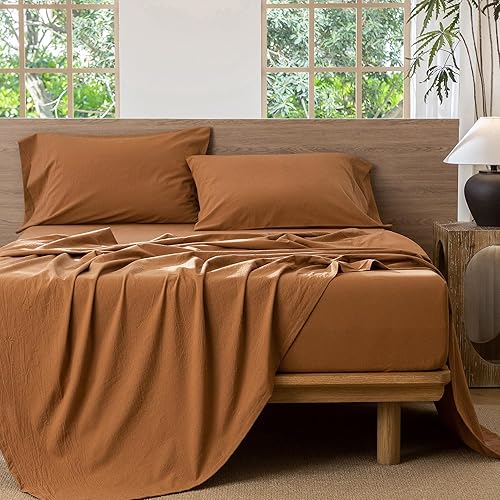 Miniatura 5 de MooMee - Juego de sábanas 100% algodón lavado, textura parecida al lino, transpirable, duradero, suave y cómodo (color naranja oscuro, tamaño queen)