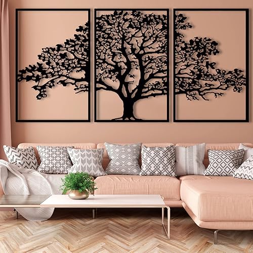Arte de pared de metal, 3 piezas, arte de pared de metal con árbol de la vida, decoración de pared de árbol de metal grande, decoración de pared de