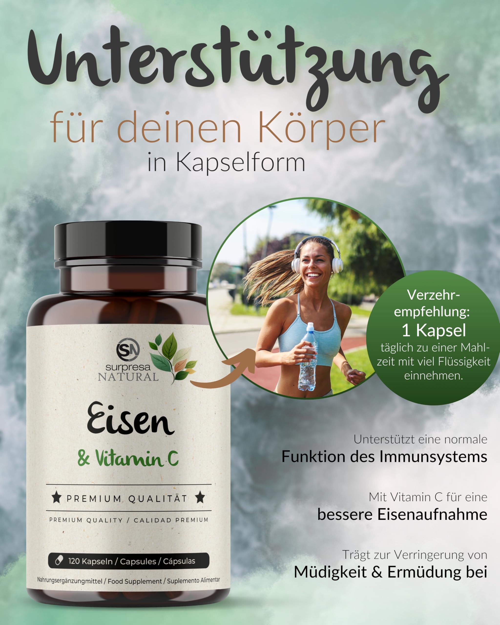 Eisen Vitamin C Kapseln I 5 x 120 Stück I Eisen-Supplement mit 14mg natürlichem Eisen & 80mg Vitamin C I Vorrat für 20 Monate I Eisen-Kapseln hochdosiert I 100% vegan & natürlich