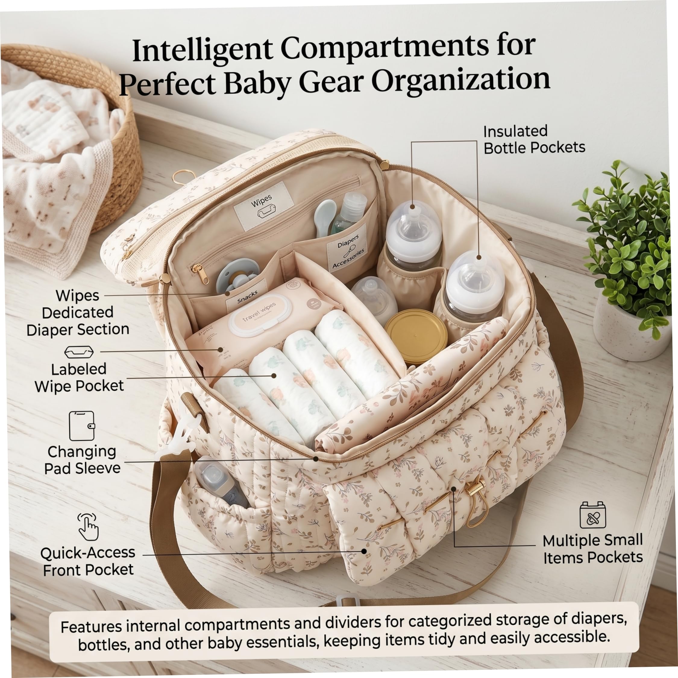 Bolsa de pañales floral, mochila de pañales floral, bolsa de múltiples bolsillos para madres, elegante mochila de viaje y al aire libre para madre (beige)