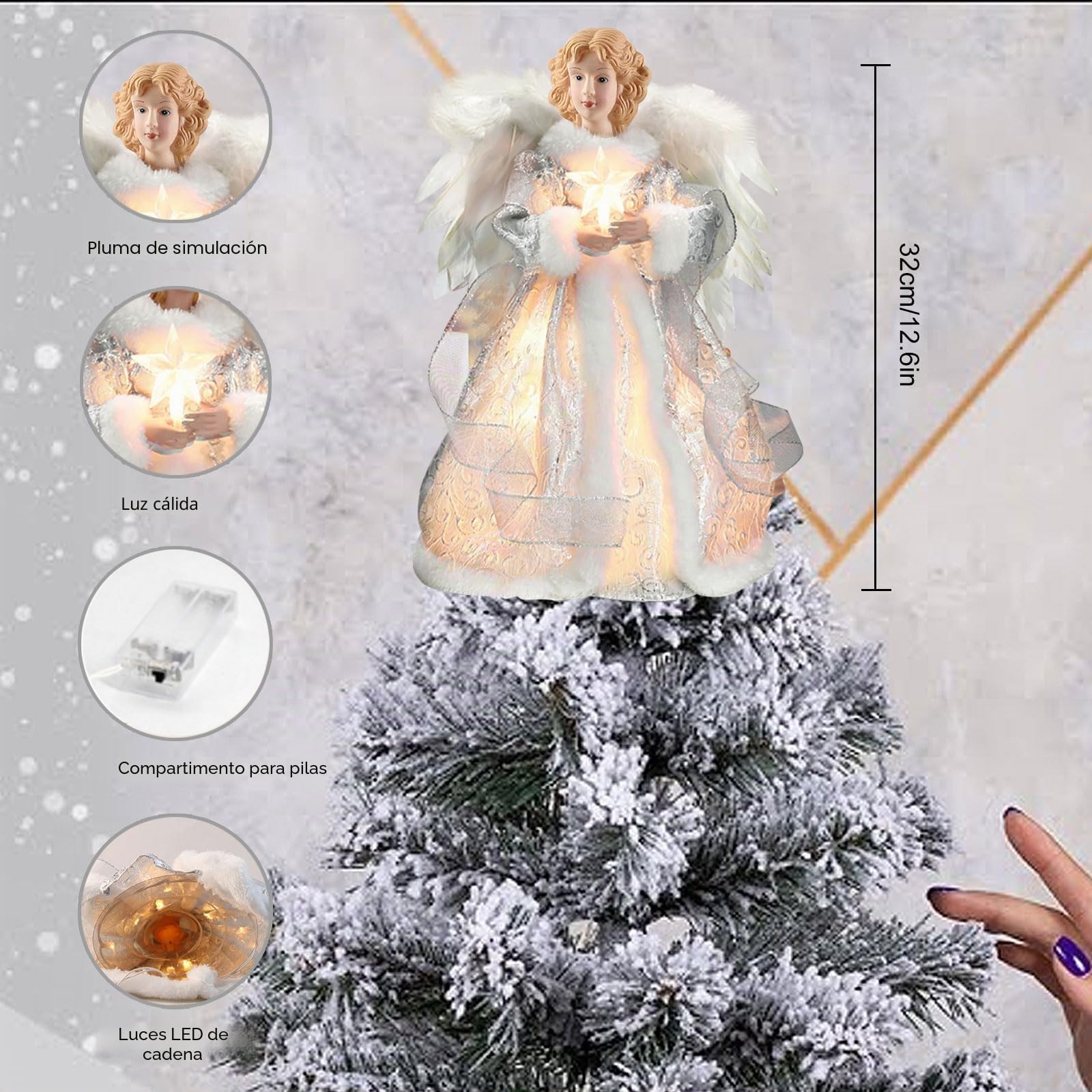 Ángel de Árbol de Navidad, Angel Árbol de Navidad Topper de 32cm Angel para la Punta del Árbol de Navidads Ángeles avideños, Colgante de Copa de Árbol de Hadas para Decor Hogar y Fiestas (Plata)