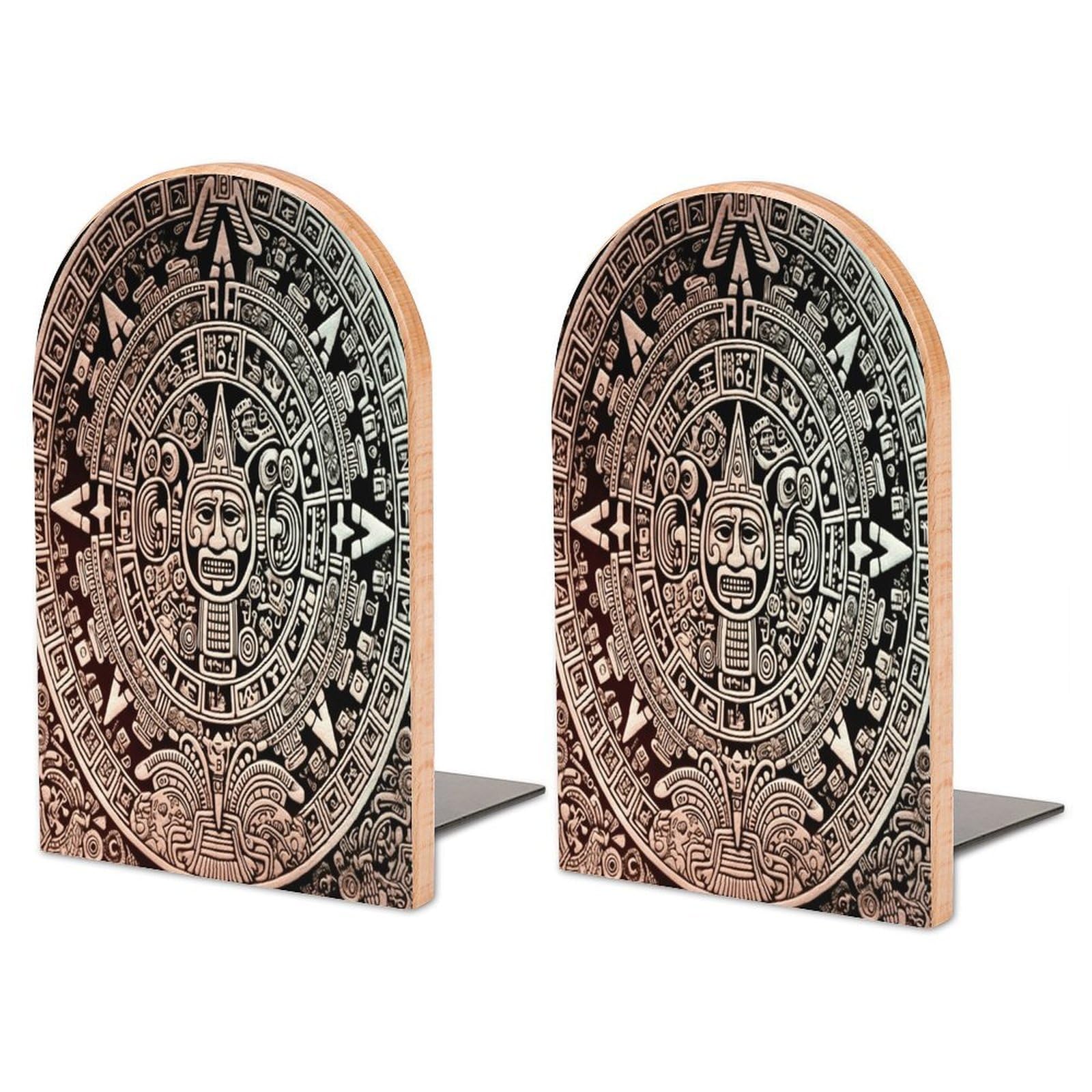 Sujetalibros de madera con calendario maya y base de metal antideslizante para estanterías