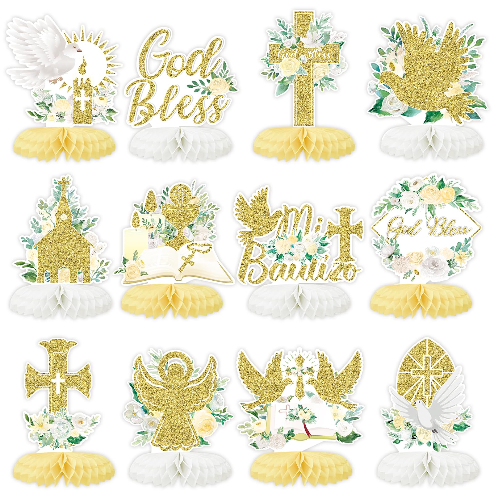 Tarklanda 12Pcs Baptism Honeycomb Centerpieces Party Decor,White God Eid Bless Cross Religious Baptism Table Centerpieces for Baby Shower First Communion Birthday Party Decorations (Gold god)