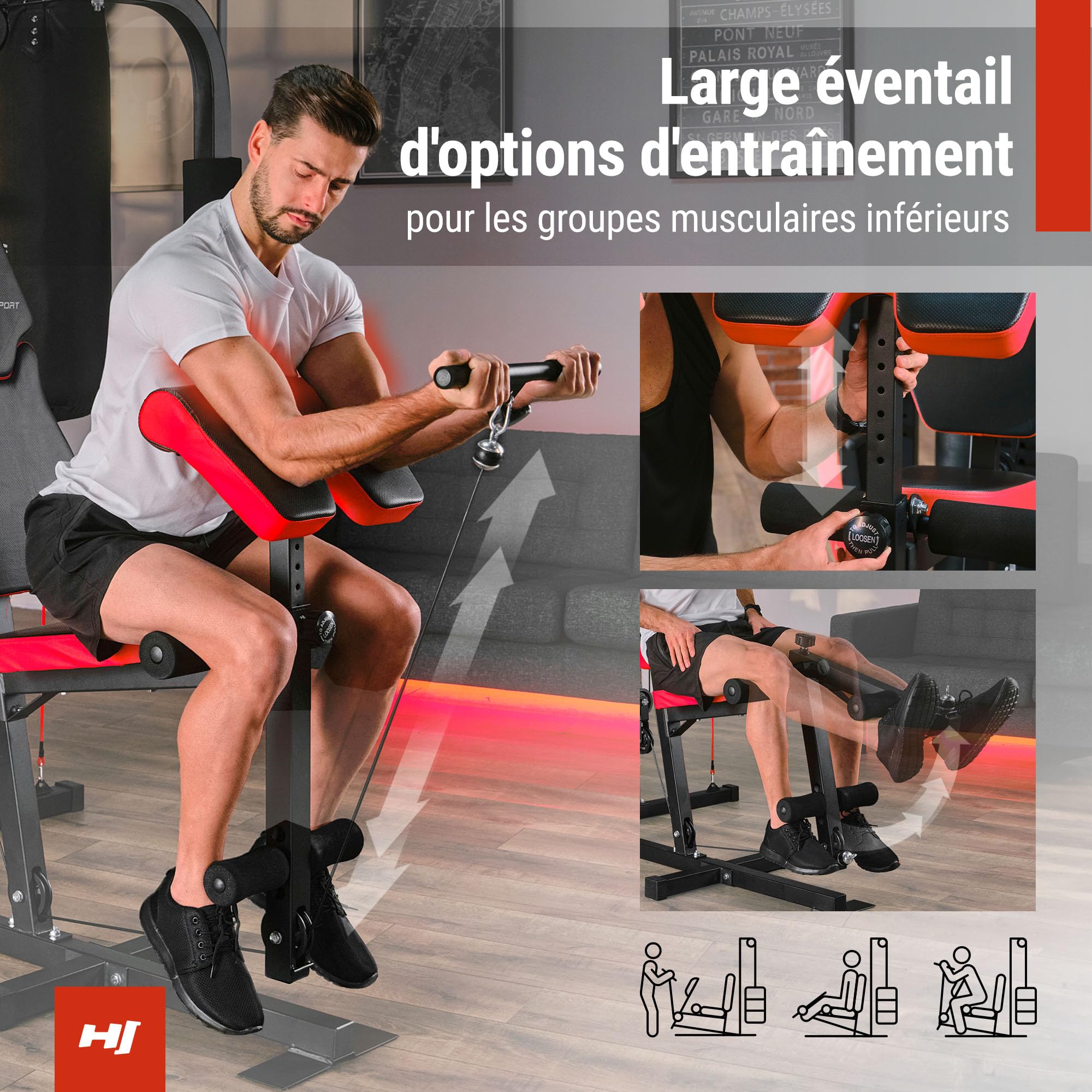 HOP-Sport® Station de Musculation Multifonction HS-1054K, Appareil avec 3 Positions 72kg, Banc d'entraînement, Sac et Gants de Boxe, Module Papillon, Barre de Traction, Poulie Haute, Haltères 2x1,5kg