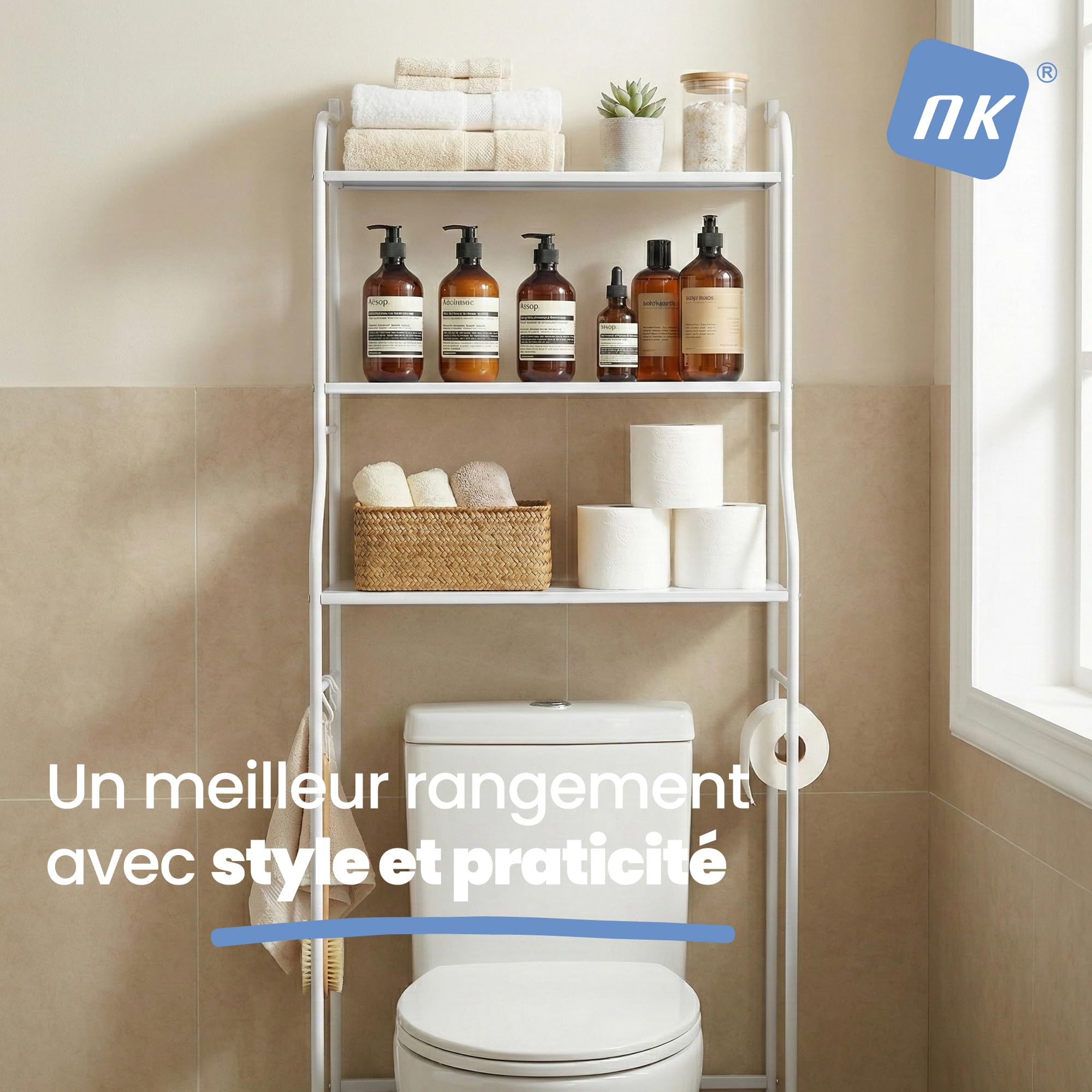 NK Étagère De Salle De Bains Au-Dessus des Toilettes – 153×47×26 Cm, 3 Étagères Hautes, Porte-Rouleau, 3 Crochets, Pieds Antidérapants, Fer + PP, Blanc, Montage Facile