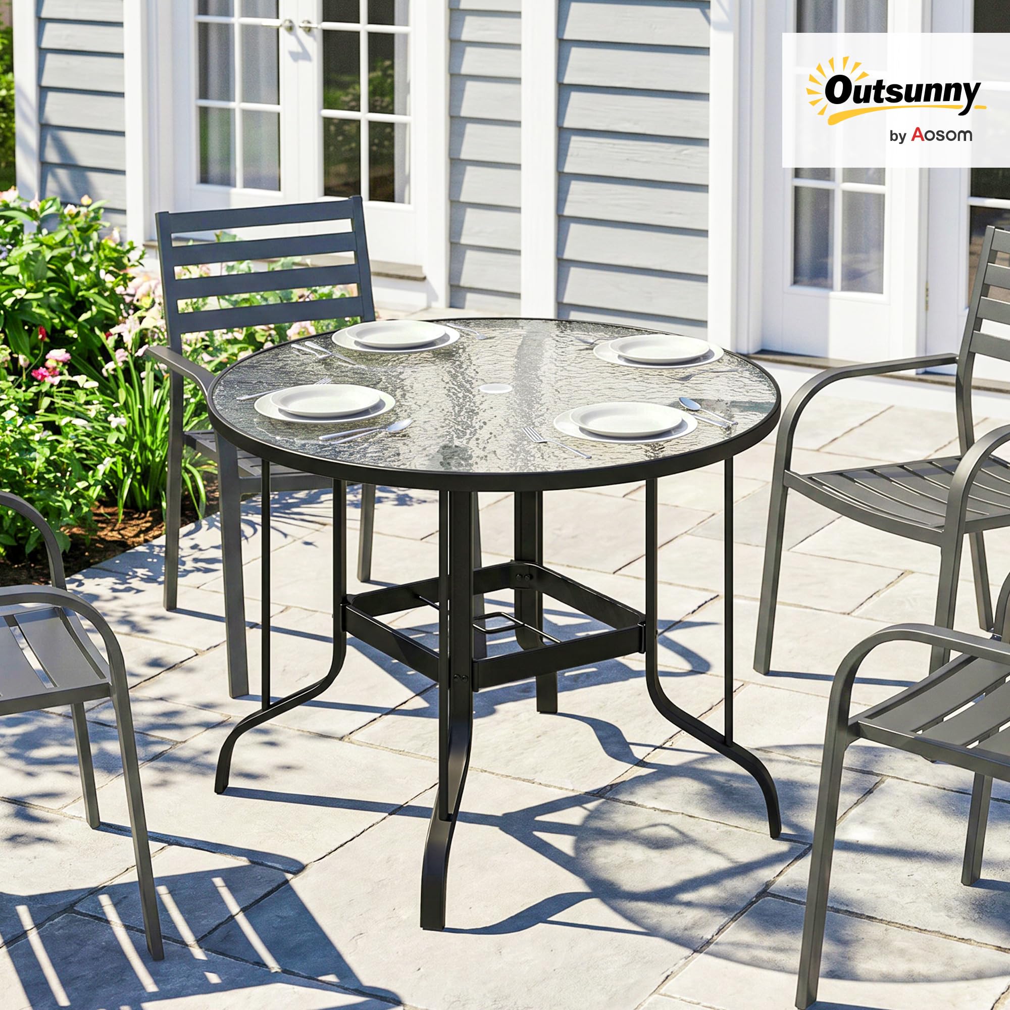 Outsunny Tavolo da Giardino Rotondo per 4 Persone Max Ø96.5x71 cm Nero | Con Foro per Ombrellone, Tavolo da Esterno, Metallo e Vetro Temperato