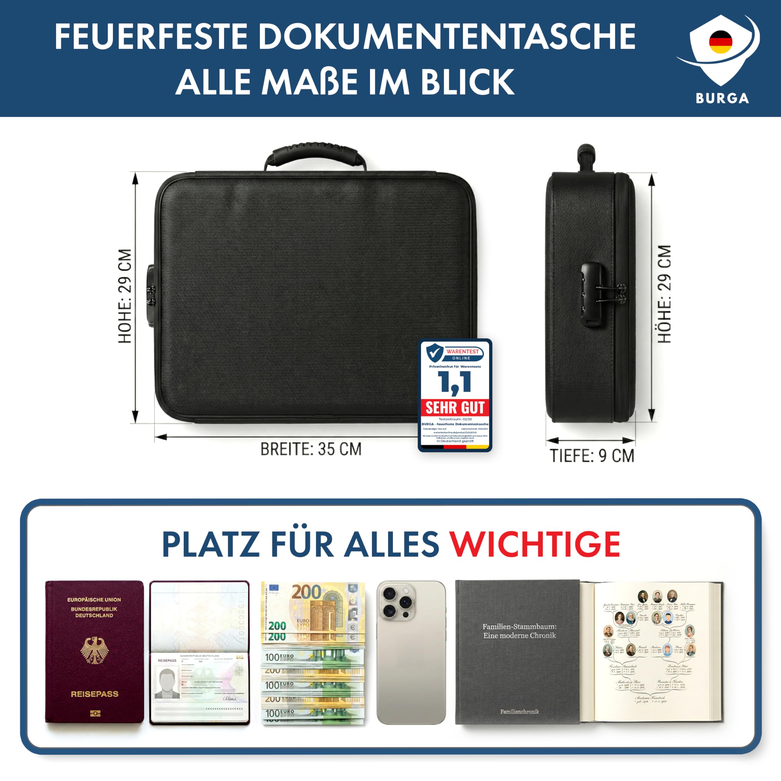 Feuerfeste Dokumentenbox Dokumententasche [TESTSIEGER 1,1] | Wasserdicht & Feuerfest | Feuerfeste Box mit Schloss Tasche A4 Dokumentenmappe Aktenkoffer Notfallordner ideal als Notfall Ausrüstung