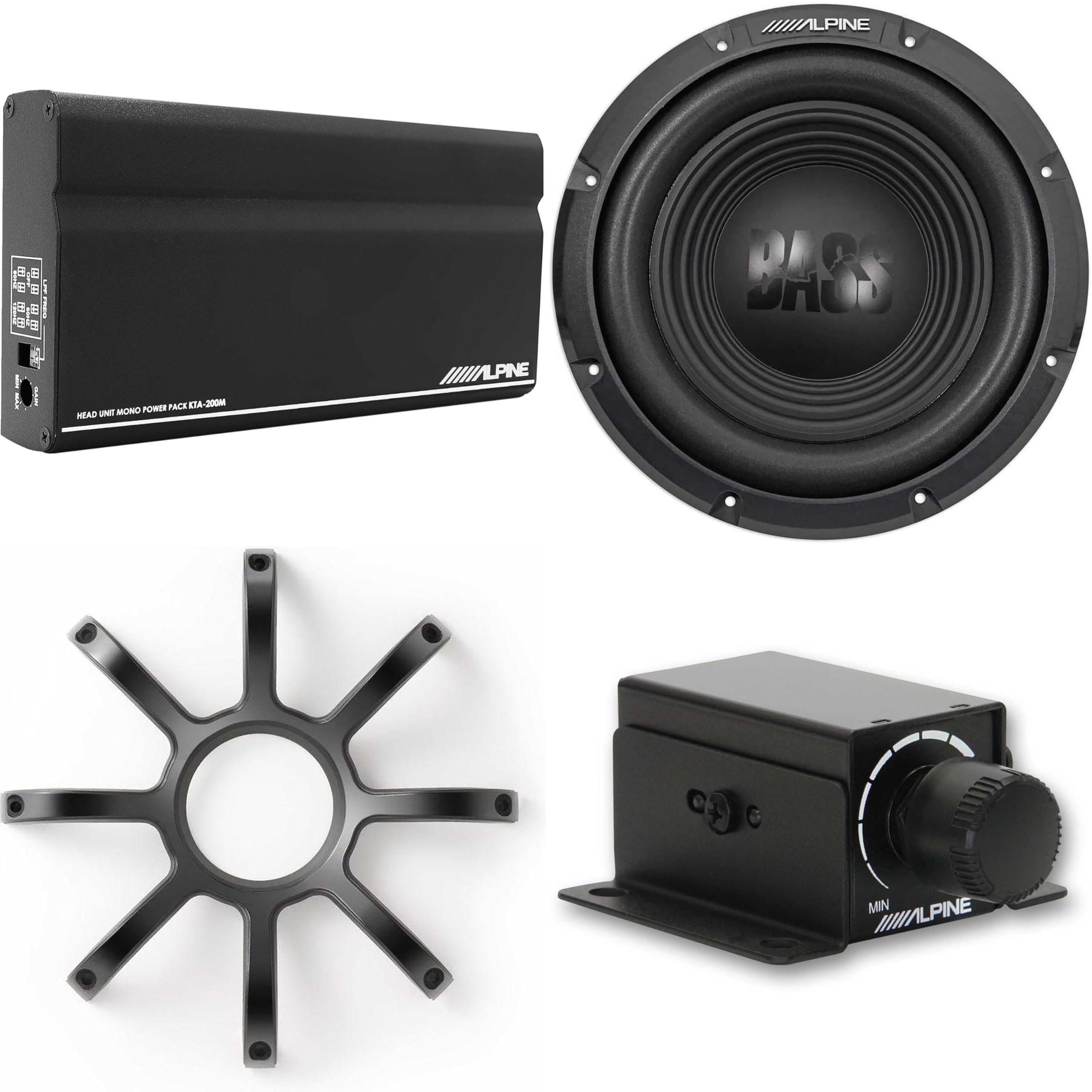 Alpine W10S4 10-Inch Bass Subwoofer w/Grill, KTA-200M Mono Amplifier & Rux-Knob Bundle