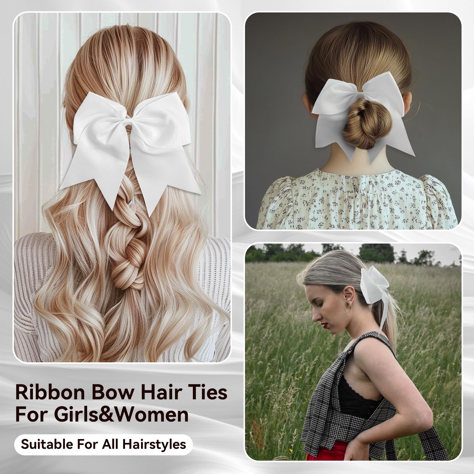 AXEN Large Cheerling Bow, 8 inch Cheer Hair Bows with Ponytail Holder for Teen Girls Sports Cheerleader Hair Accessories, White - Image 2