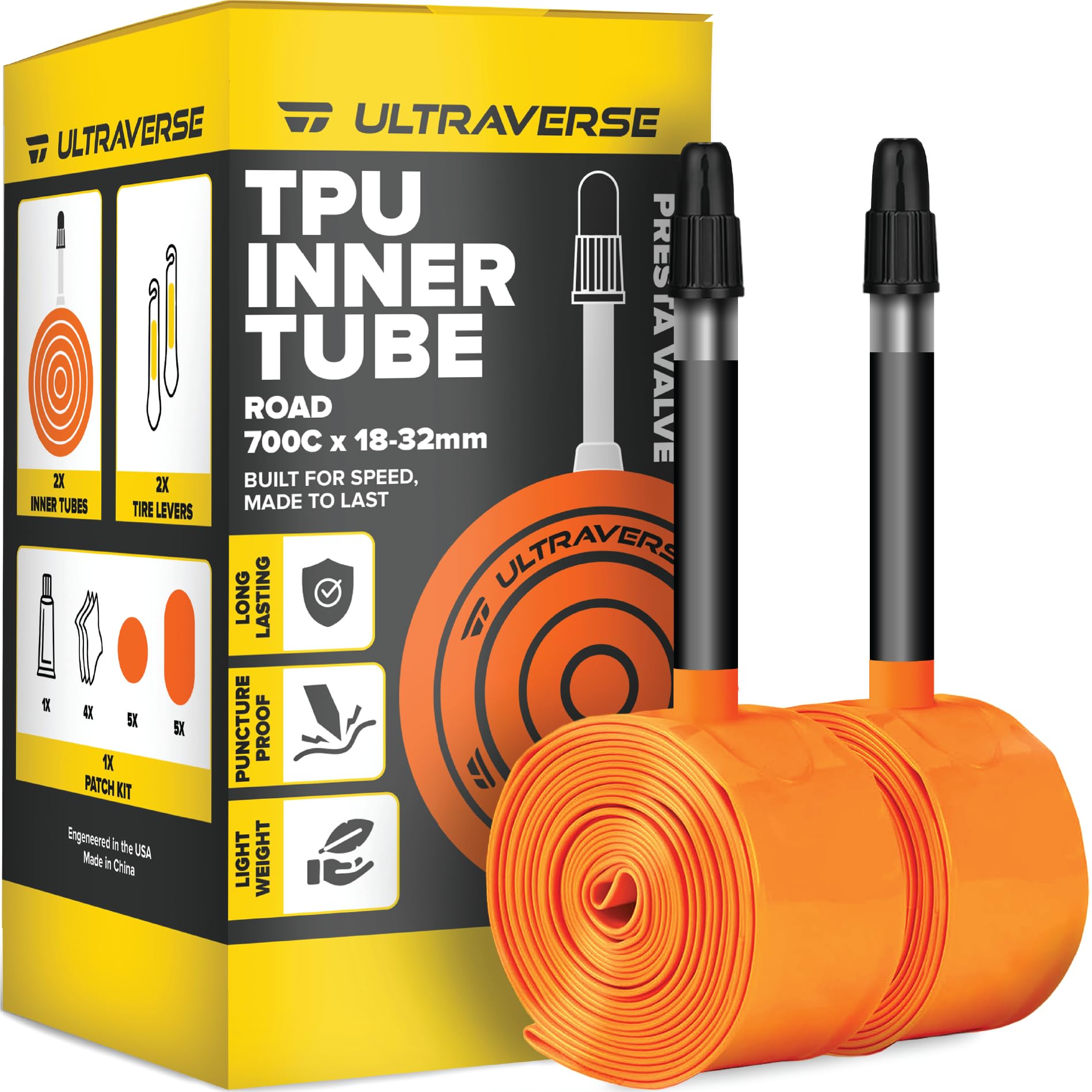 Ultraverse TPU Road Bike Inner Tube 700 x 18-32 with 45mm, 65mm, 85mm Presta Valves Ultra Lightweight Tubes for Road and Gravel Bicycles - 2 Pack with