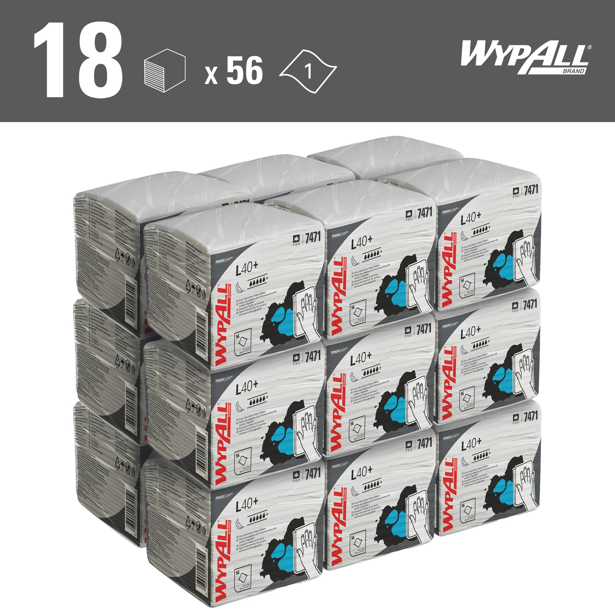 WypAll Panni assorbenti WypAll L40 7471 - Panni monouso - 18 confezioni x 56 piegati in due (1.008 panni in carta in totale)