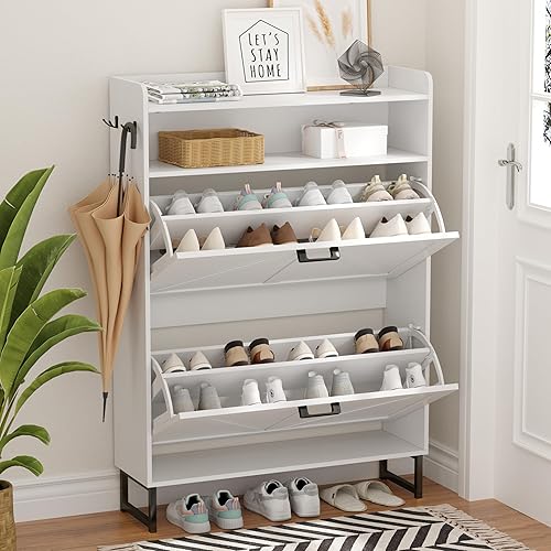 Zapatero con 2 cajones abatibles, organizador de almacenamiento oculto independiente para entrada, zapatero estrecho y delgado con almacenamiento