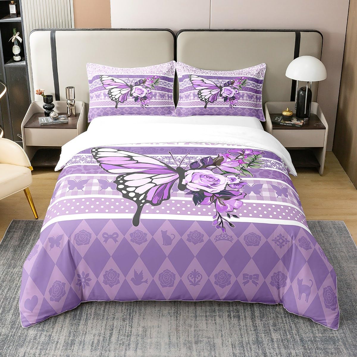 richhome100% Nature Cotton Purple Butterfly Flowers Duvet Cover Super King,Rustic Botanic Leaves Butterflies Print Bedding Set,Cats Roses Silhouette Checkers Dots Comforter Cover