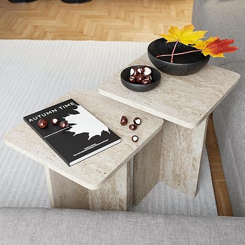 Travertine Efect Square Nesting Table Set of 2 Modern Coffee
