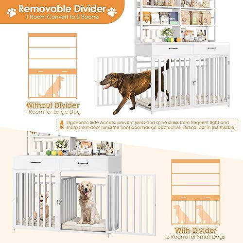 Vista 13 de Keyluv Mueble grande de jaula para perros de 71 pulgadas de alto x 47.2 pulgadas de ancho con estantes de 4 niveles y 2 cajones de almacenamiento