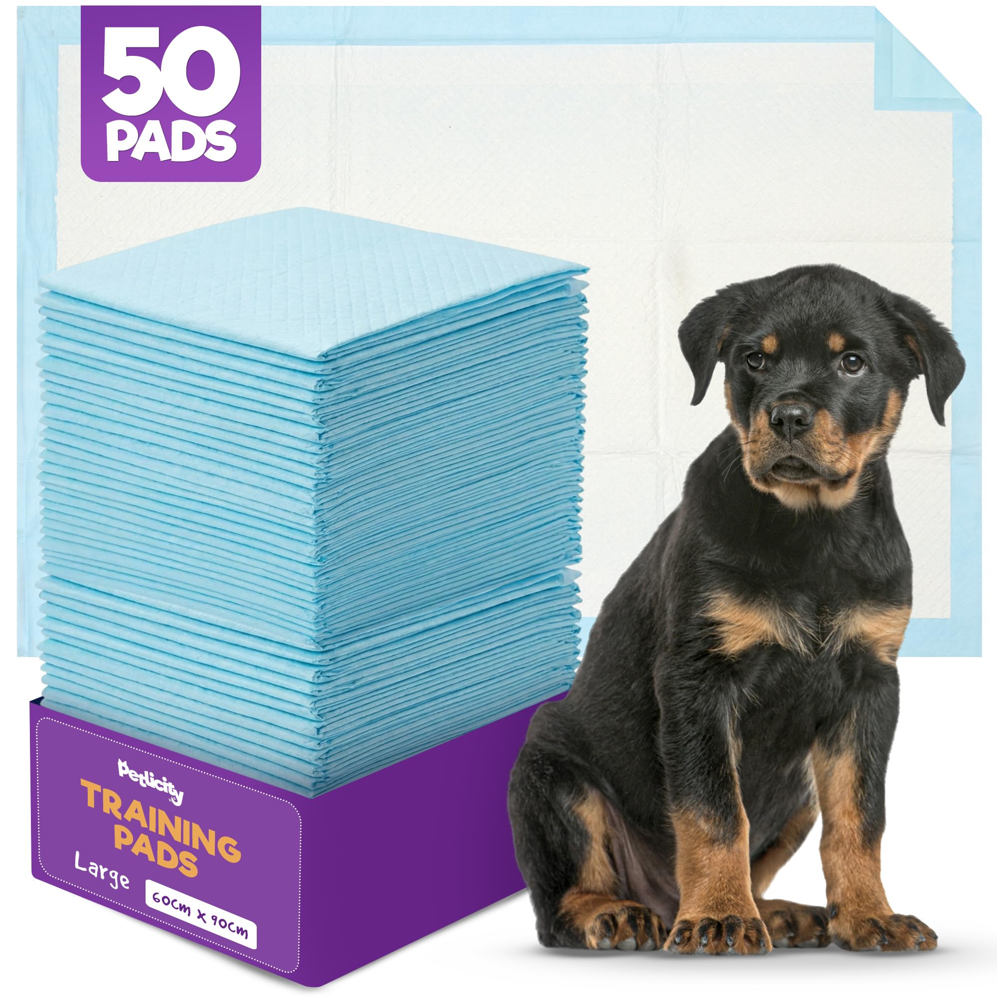 – Petlicity 50 Pack Large Puppy Pads - Disposable Puppy Training Pads, Highly Absorbent Leak-Proof Dog Training Pads, Premium Quality Quick-Dry Dog Pads Pee Pads Dogs Mat (60x90cm)