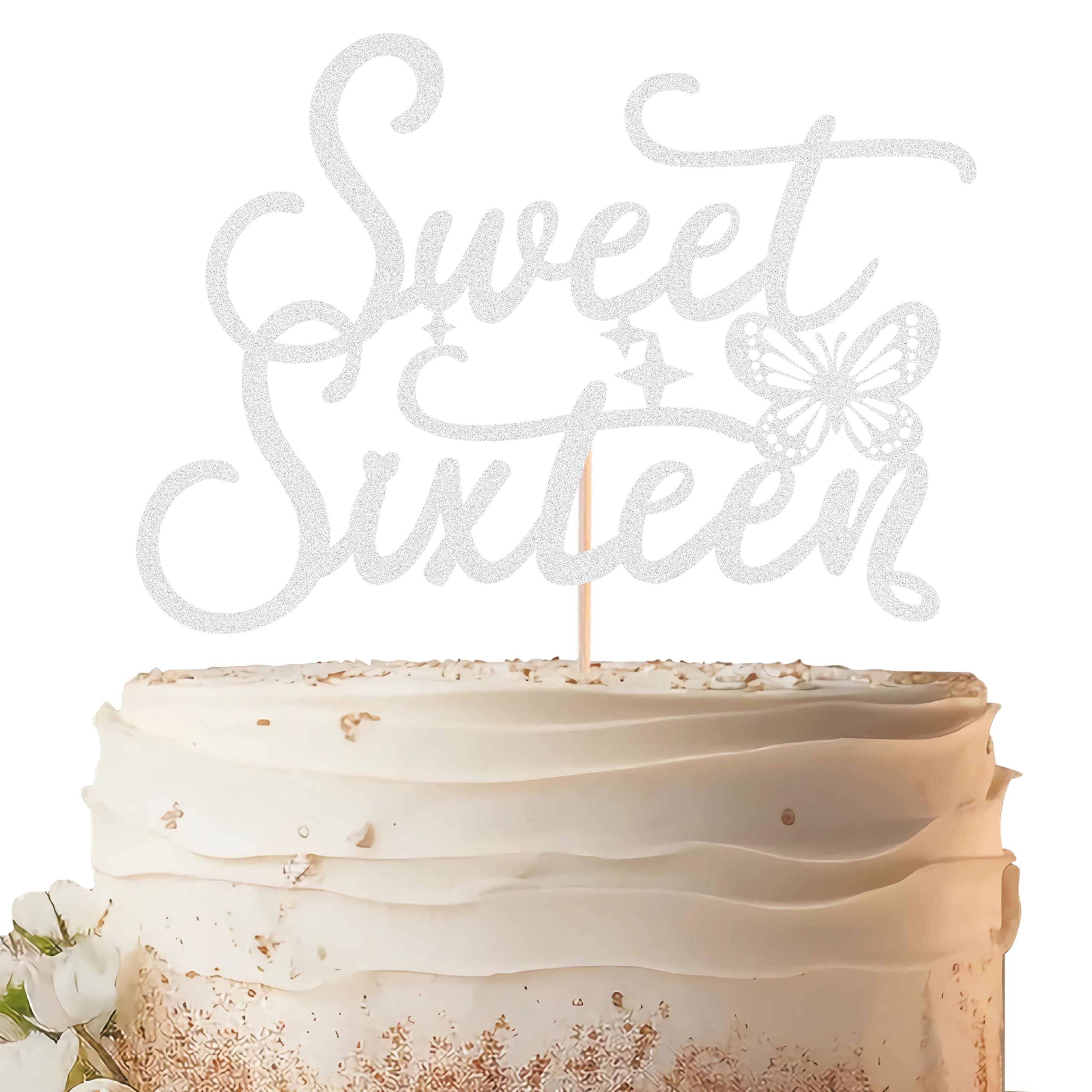 Sweet Sixteen Cake Topper - Silver Glitter Butterfly Theme Sweet 16 Birthday Cake Decorating Supplies for Girls, Sweet 16 Cake Topper for Happy 16th