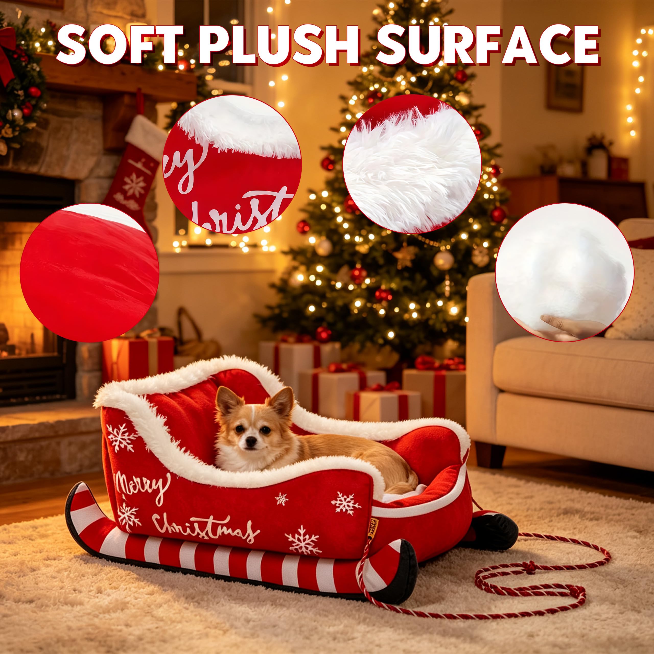 Weihnachts Schlitten Haustierbett, Weiches Plüsch Hundebett 81*66*34 CM