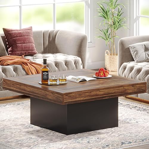 Tribesigns Coffee Table Square LED Coffee Table Engineered Wood Low Center Cocktail Tables for Living Room (Rustic Brown+Black) Mármol de imitación
