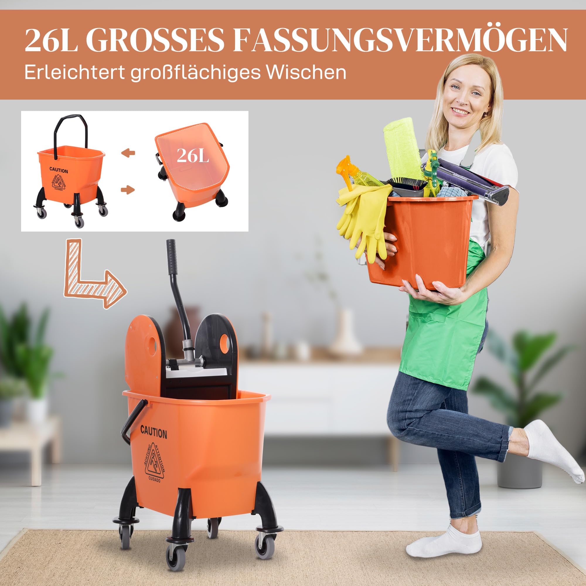 HOMCOM Professioneller Reinigungswagen 26L Abnehmbare Wringer mit Rädern 44×36×90cm Orange