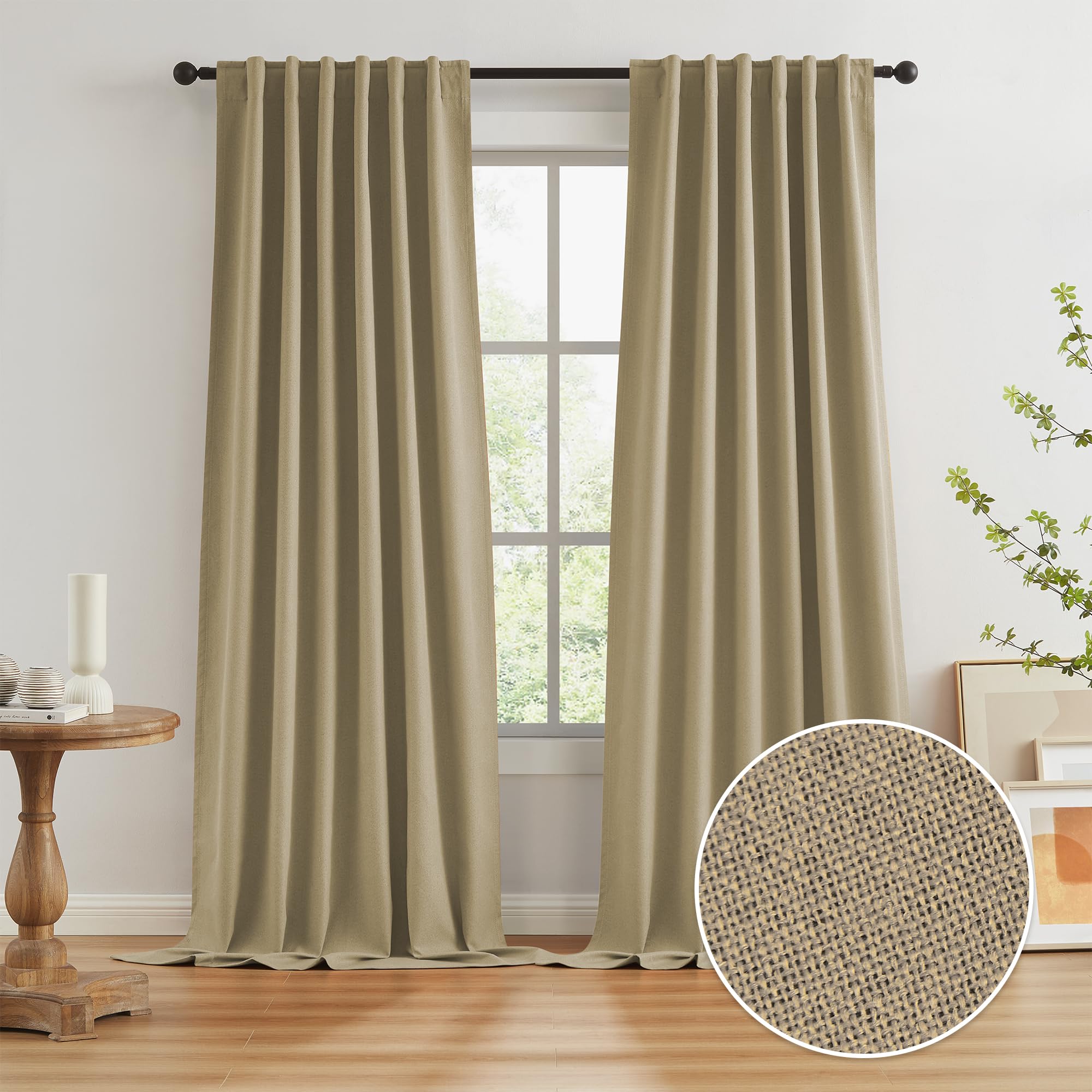 KEQIAOSUOCAI Burlap Linen Blackout Curtains for Ceiling Track System Back Tab, Loop Pocket Curtains Pinch Pleated Drapes for Patio Sliding Glass Door, Burlap Color,W50 x L120 Inches Long, 2 Panels — image 1