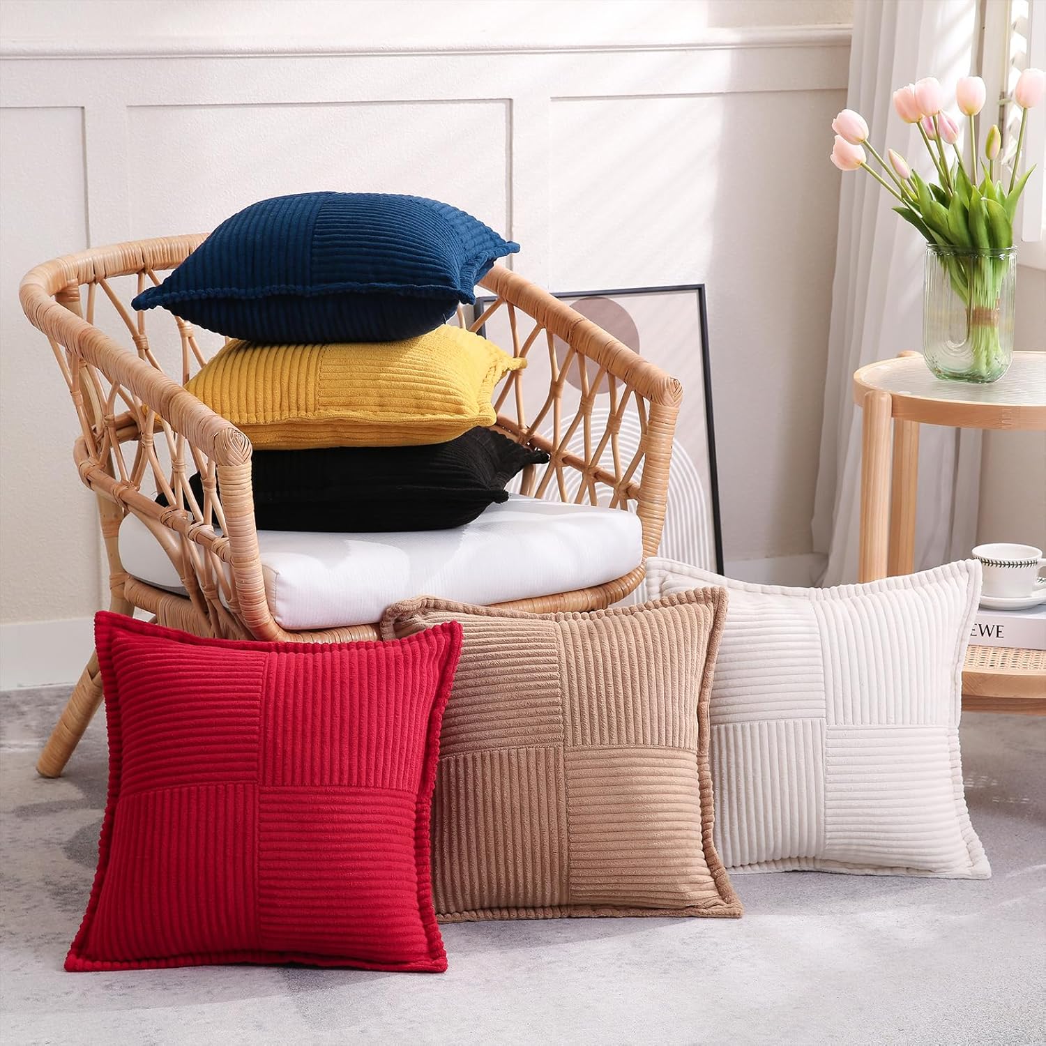 Puncuntex Corduroy Yellow Throw Pillow Covers 18×18 Inches Set of 2 Boho Decorative,Super Soft Cozy Striped Cushion Covers for Couch,Sofa,Farmhouse,Living Room,45×45CM - Image 4