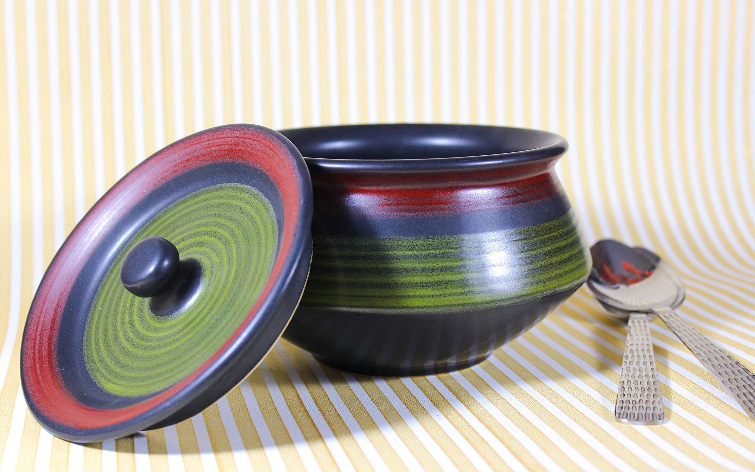 UniMerch Brand Hand Made Ceramic Green Color Serving Handi(Bowl) with Lid Medium Size (1 pc)