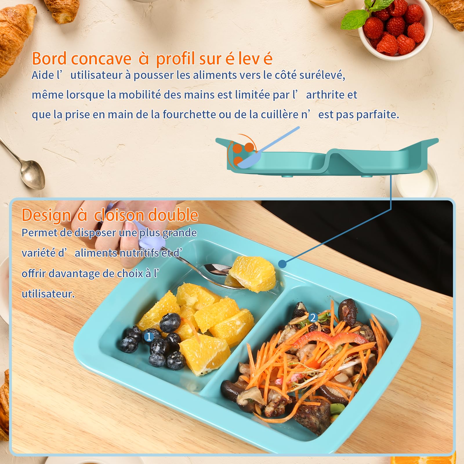 Platos Adaptables De Melamina Con Borde Inclinado Y Antideslizante Con Pared Elevada Para Personas Mayores, Discapacitados, Artríticas De Comer Solo (Cavidades Gemelas)