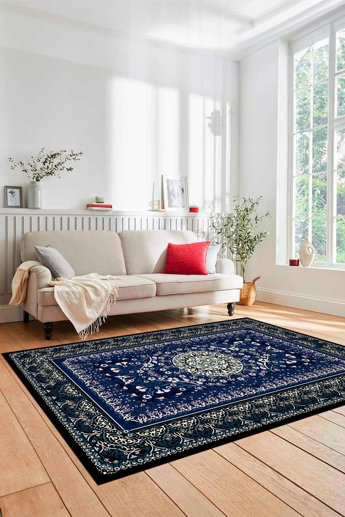 Evdeya Şık Klasik Desen Dijital Kaymaz Taban Yıkanabilir Yolluk Mutfak Salon Halısı KLASİK-14, Mavi, 80 x 200